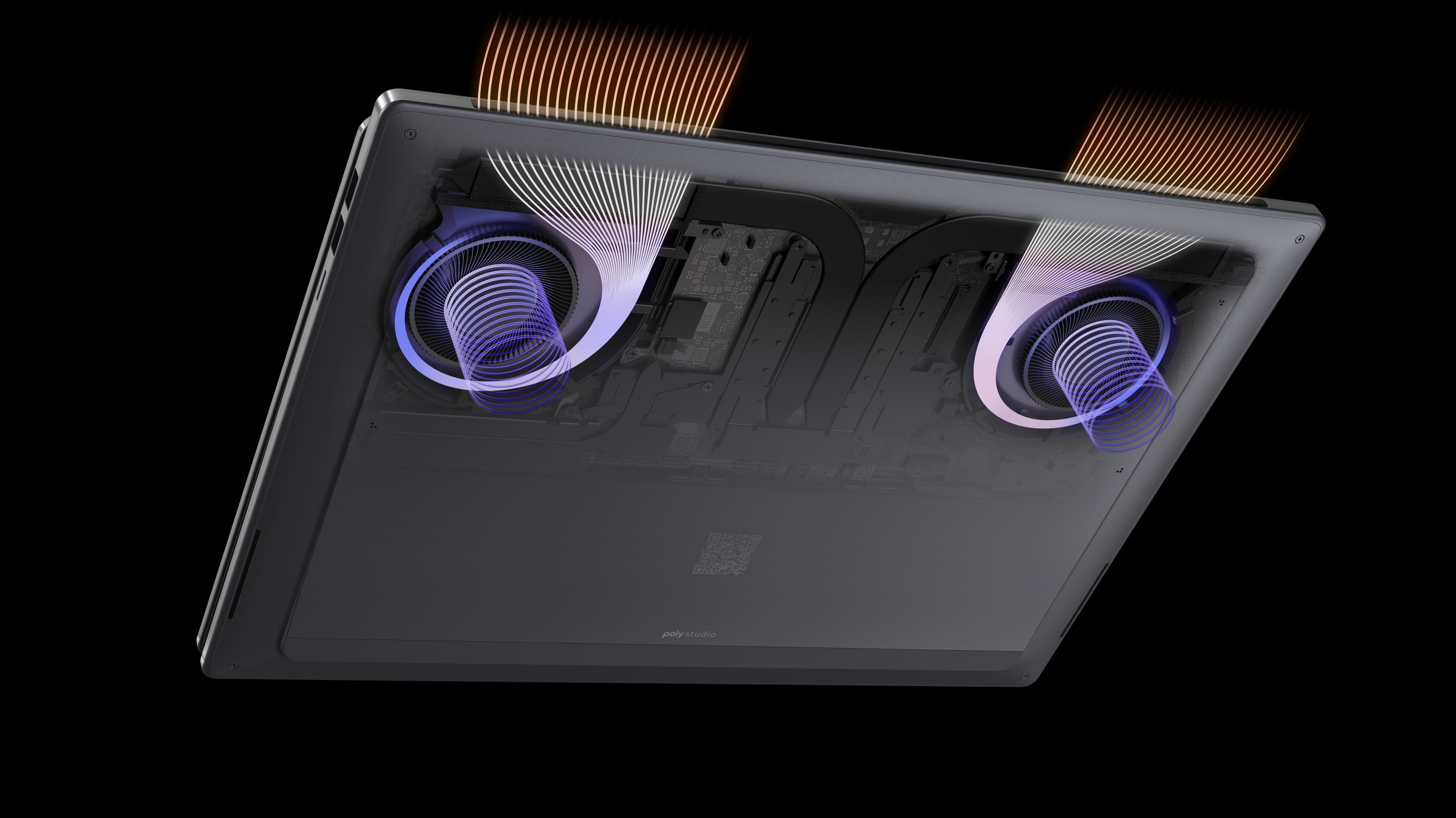 Unterseite eines Laptops mit sichtbaren Kühlventilatoren und aufsteigenden Luftstromlinien vor schwarzem Hintergrund.