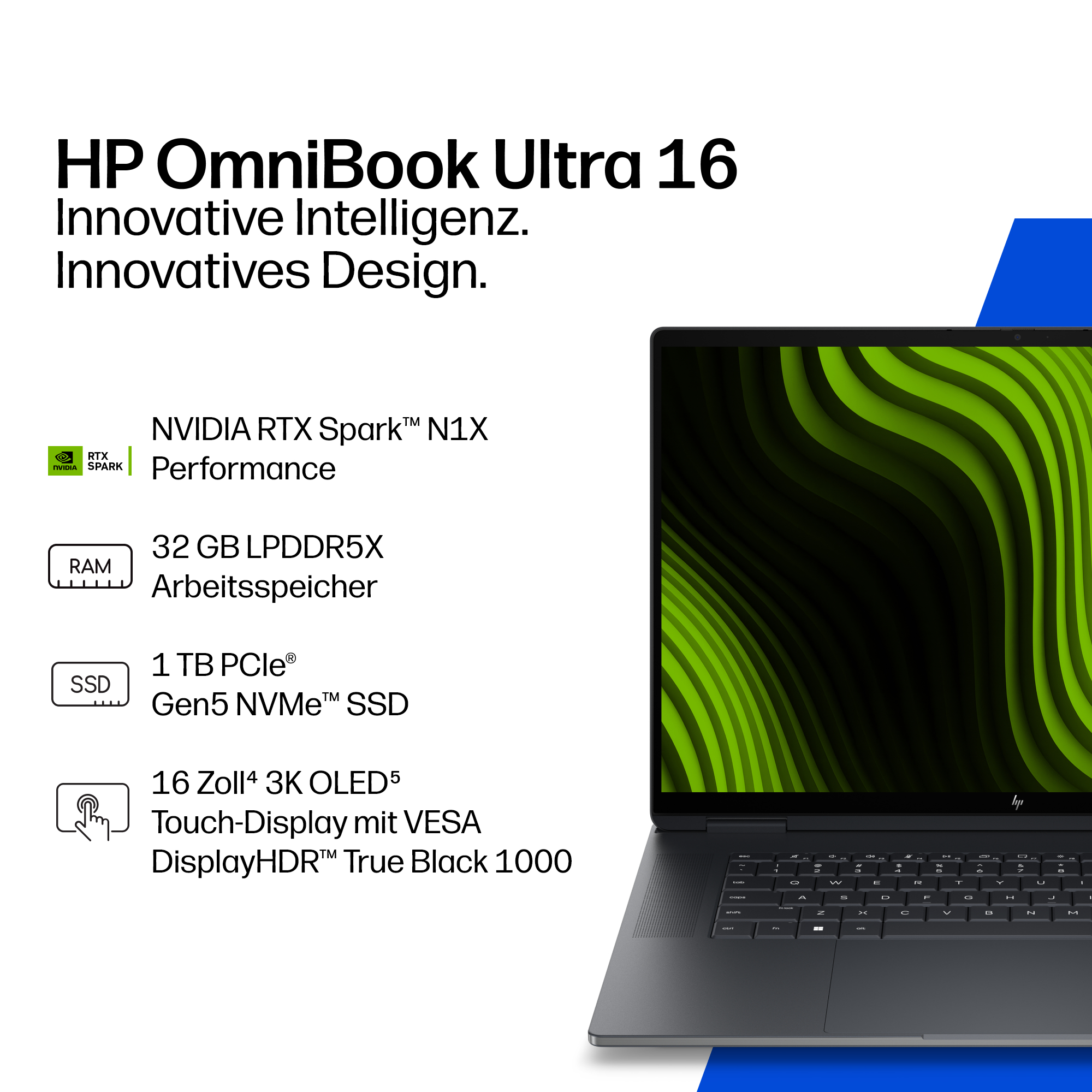 Werbung für HP OmniBook Ultra 16 mit technischen Spezifikationen und einem Laptop.