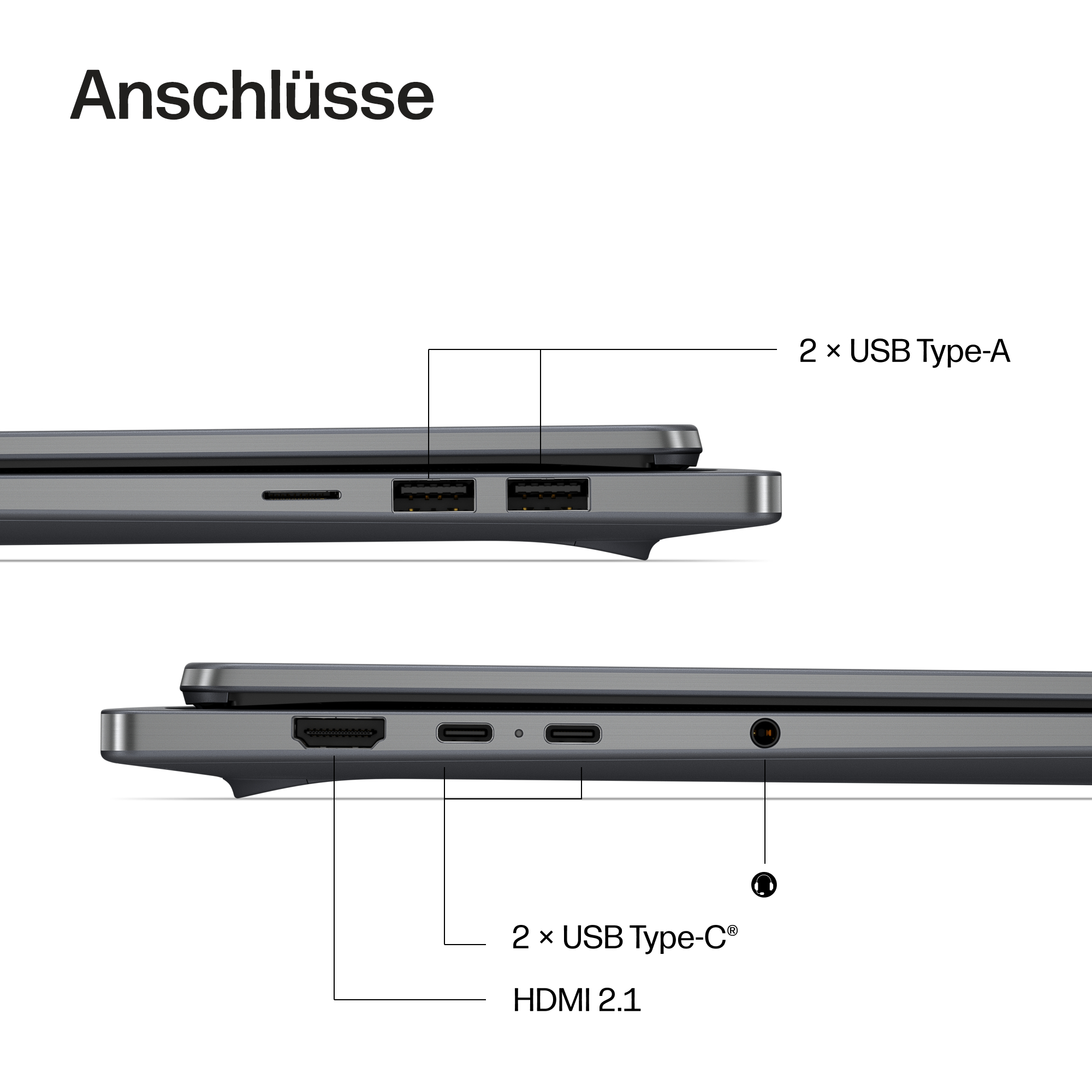 Laptop-Anschlüsse: 2x USB Type-A, 2x USB Type-C, HDMI 2.1 und Kopfhöreranschluss.