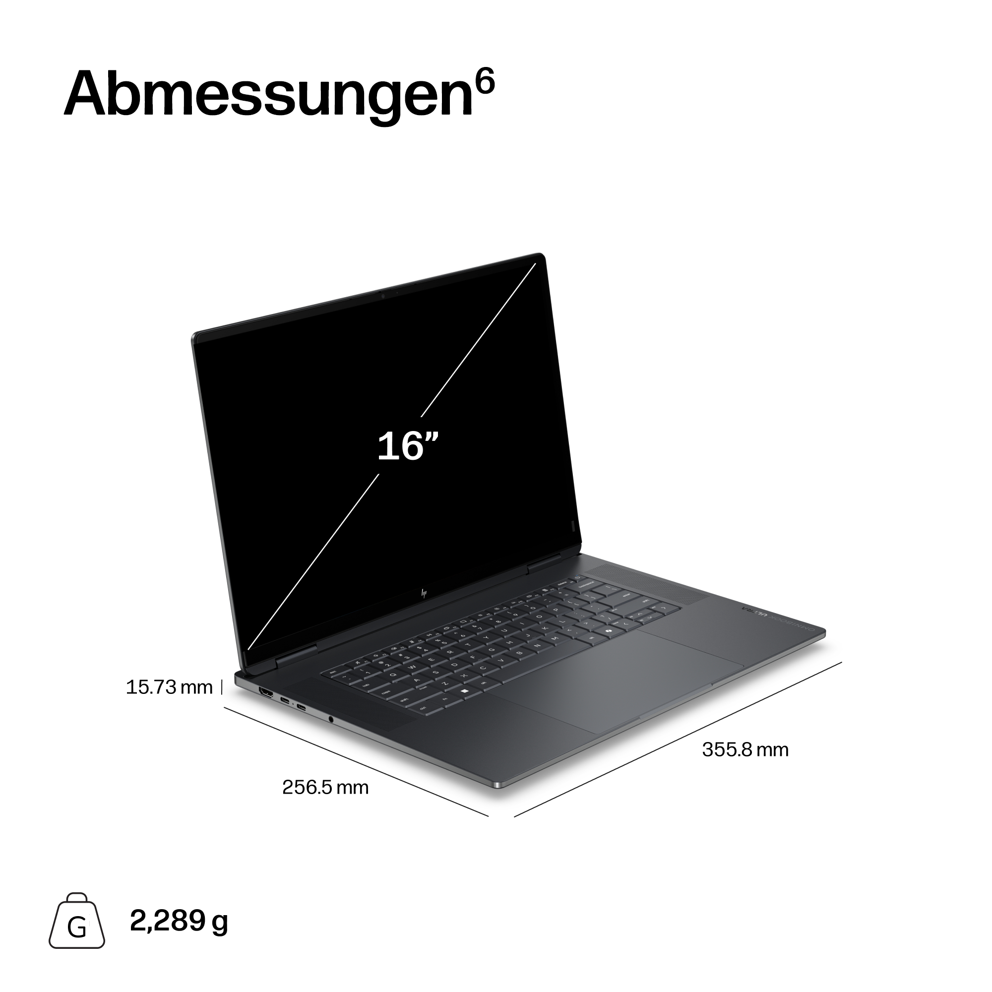 Grauer 16-Zoll-Laptop mit Maßangaben für Breite, Tiefe und Höhe sowie Gewichtsangabe.