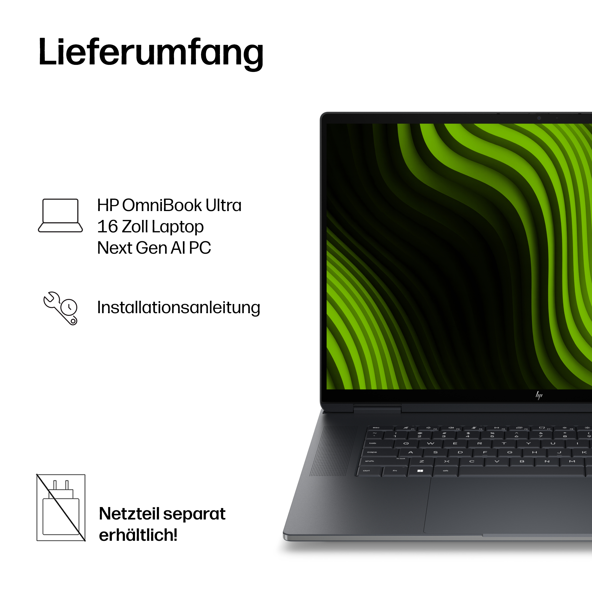 Ein Laptop und eine Anleitung sind enthalten, das Netzteil ist separat erhältlich.