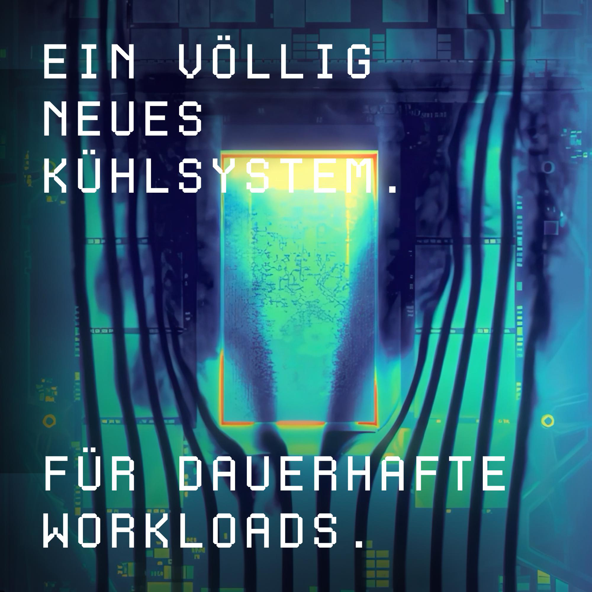 Ein blaues Tech-Hintergrundbild mit deutscher Werbung und einer leuchtenden Mitte.