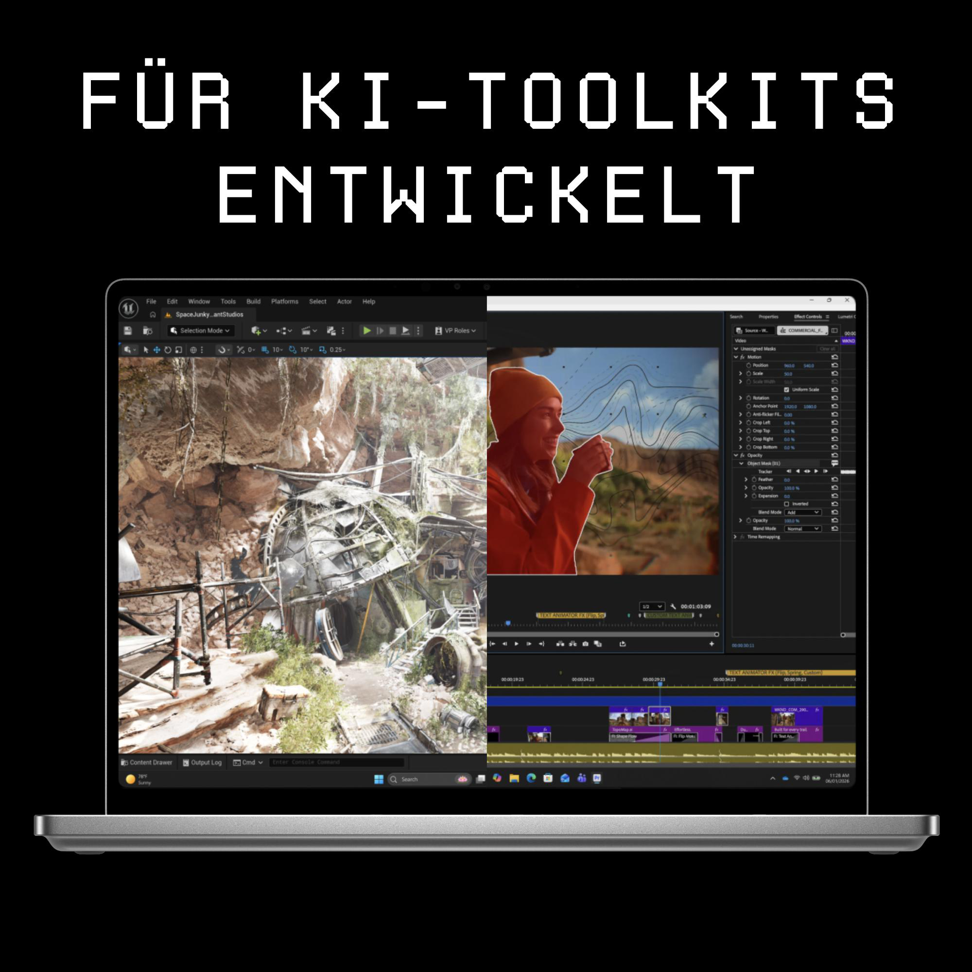 Ein Laptop zeigt Videobearbeitungs- und 3D-Software mit Naturkulisse und Person.