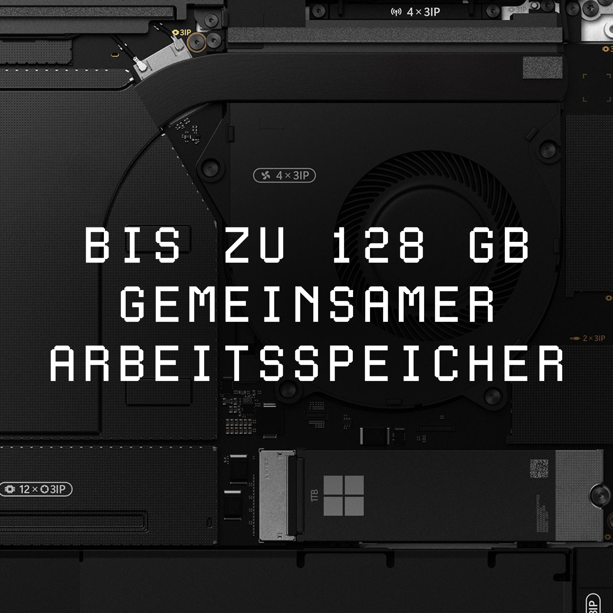 Technischer Hintergrund mit schwarzem Laptop-Innenleben und weißer deutscher Textüberlagerung.