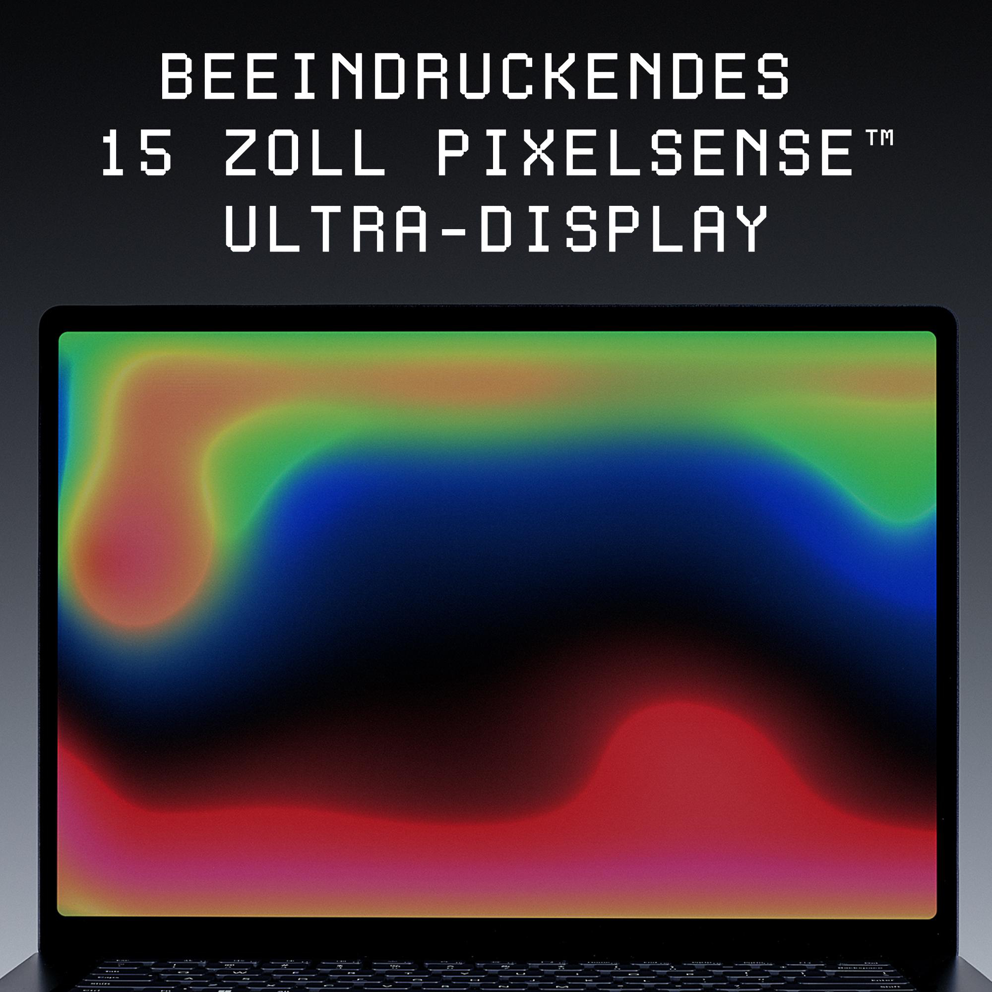 Laptop mit buntem PixelSense-Display und deutschem Werbetext oben.