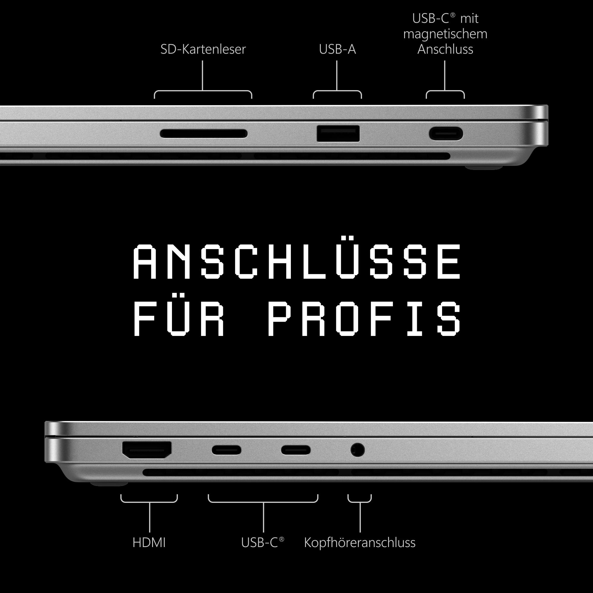 Laptop-Seitenansicht mit SD-Kartenleser, USB-A, USB-C und HDMI Anschlüssen.
