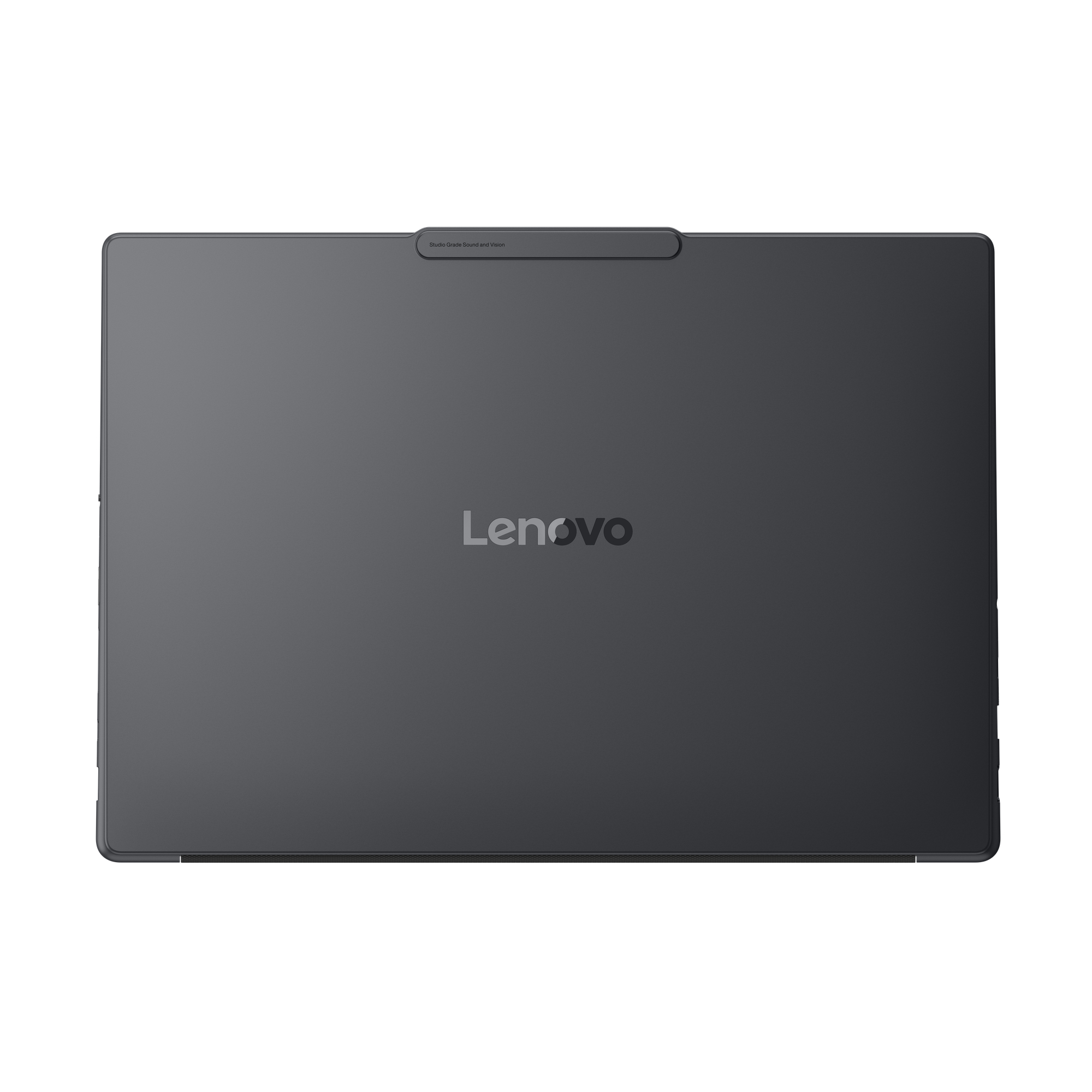 Die geschlossene, dunkelgraue Oberseite eines Lenovo-Laptops mit zentriertem Logo auf weißem Hintergrund.
