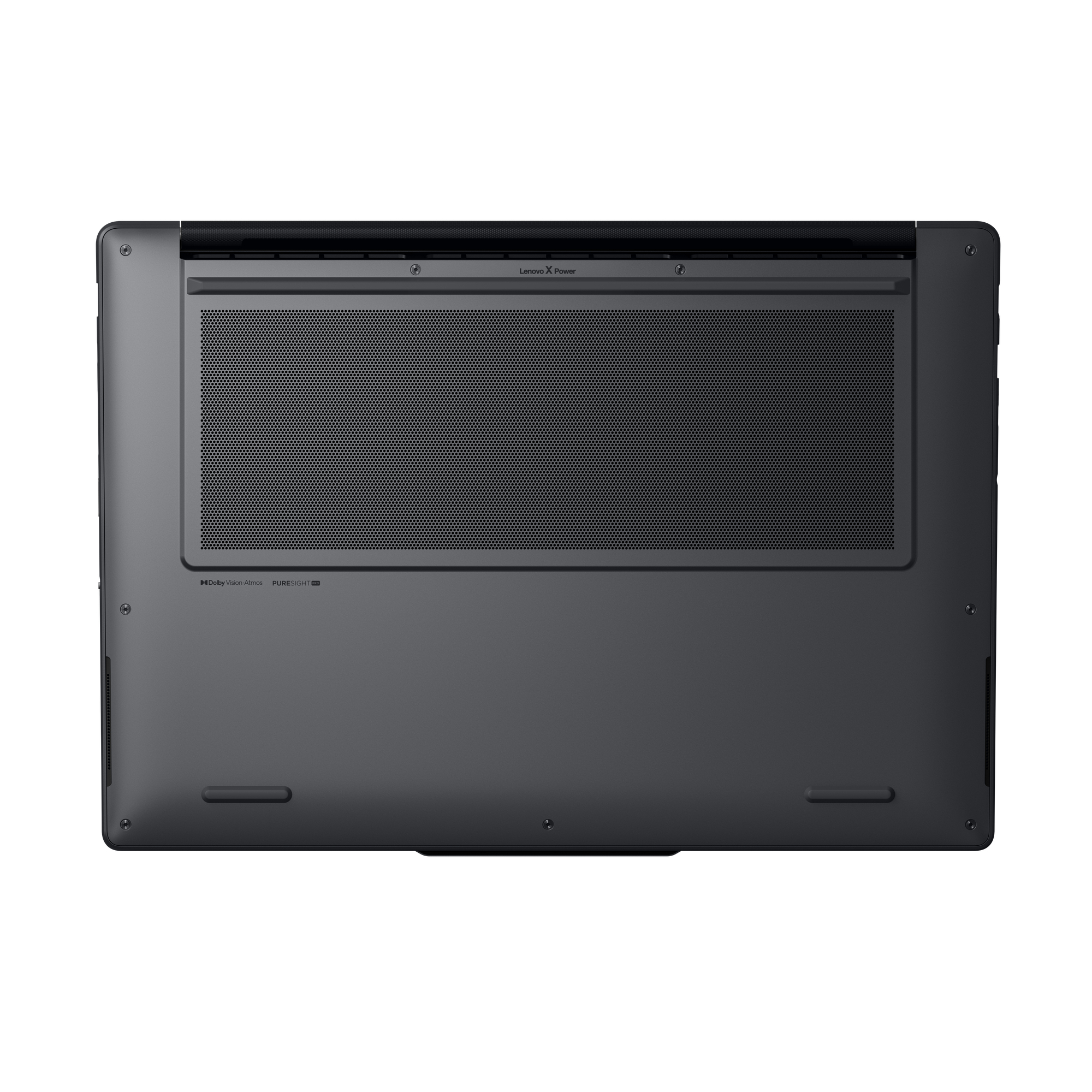 Unterseite eines dunkelgrauen Laptops mit Lüftungsgittern, Gummifüßen und Markenschriftzug.