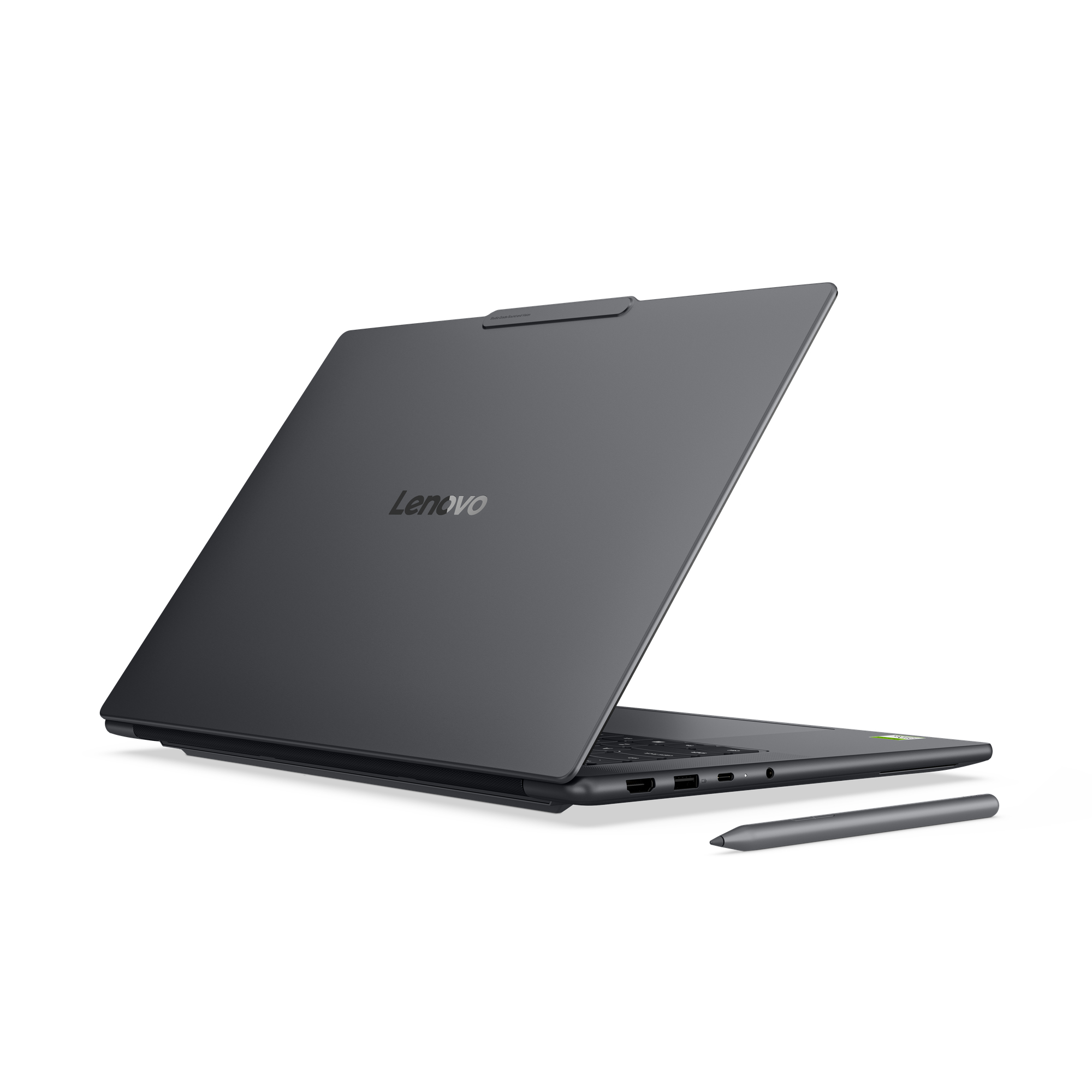 Ein grauer Lenovo-Laptop auf weißem Hintergrund mit einem Stift daneben.