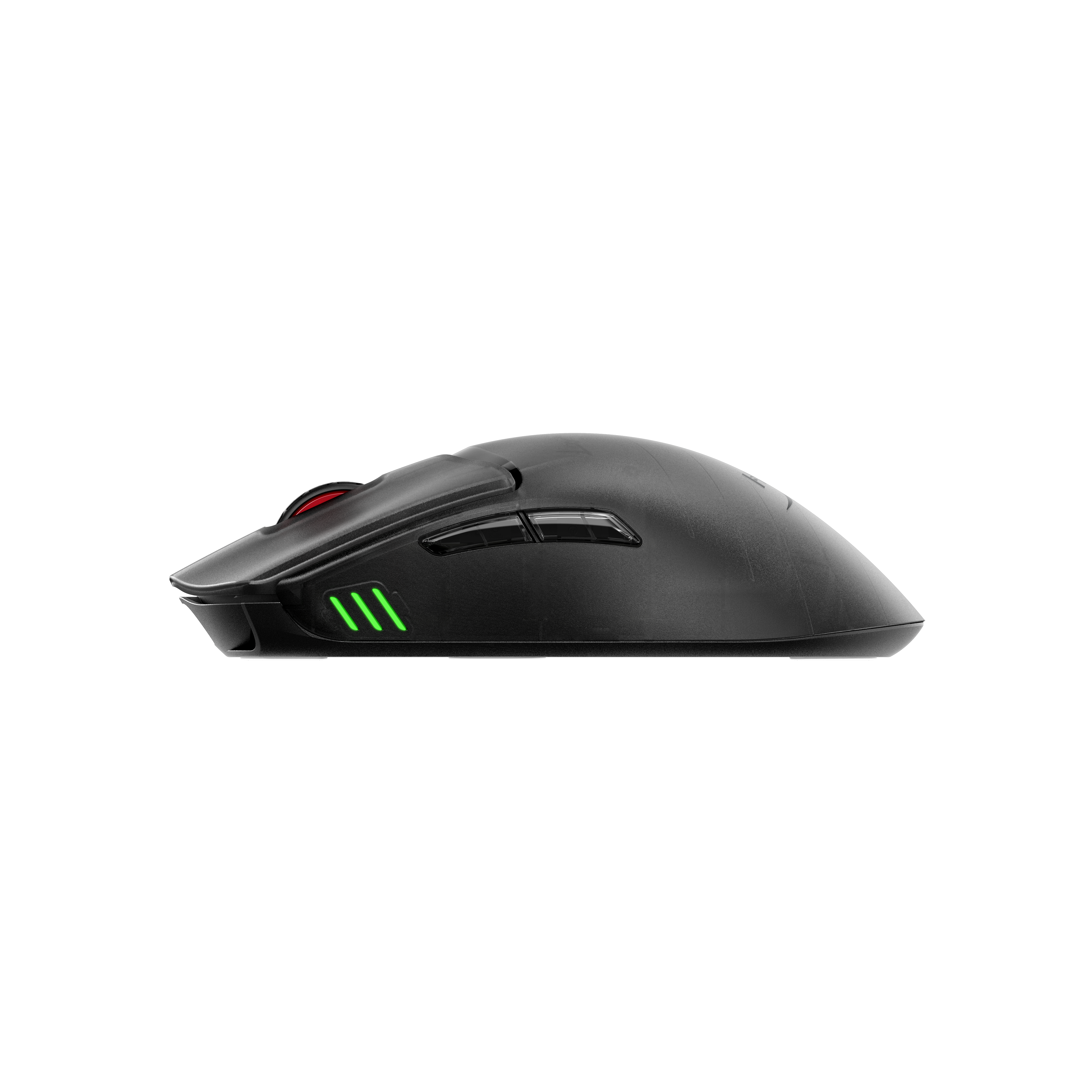 Eine schwarze Gaming-Maus mit grünen LED-Streifen an der Seite auf schwarzem Hintergrund.