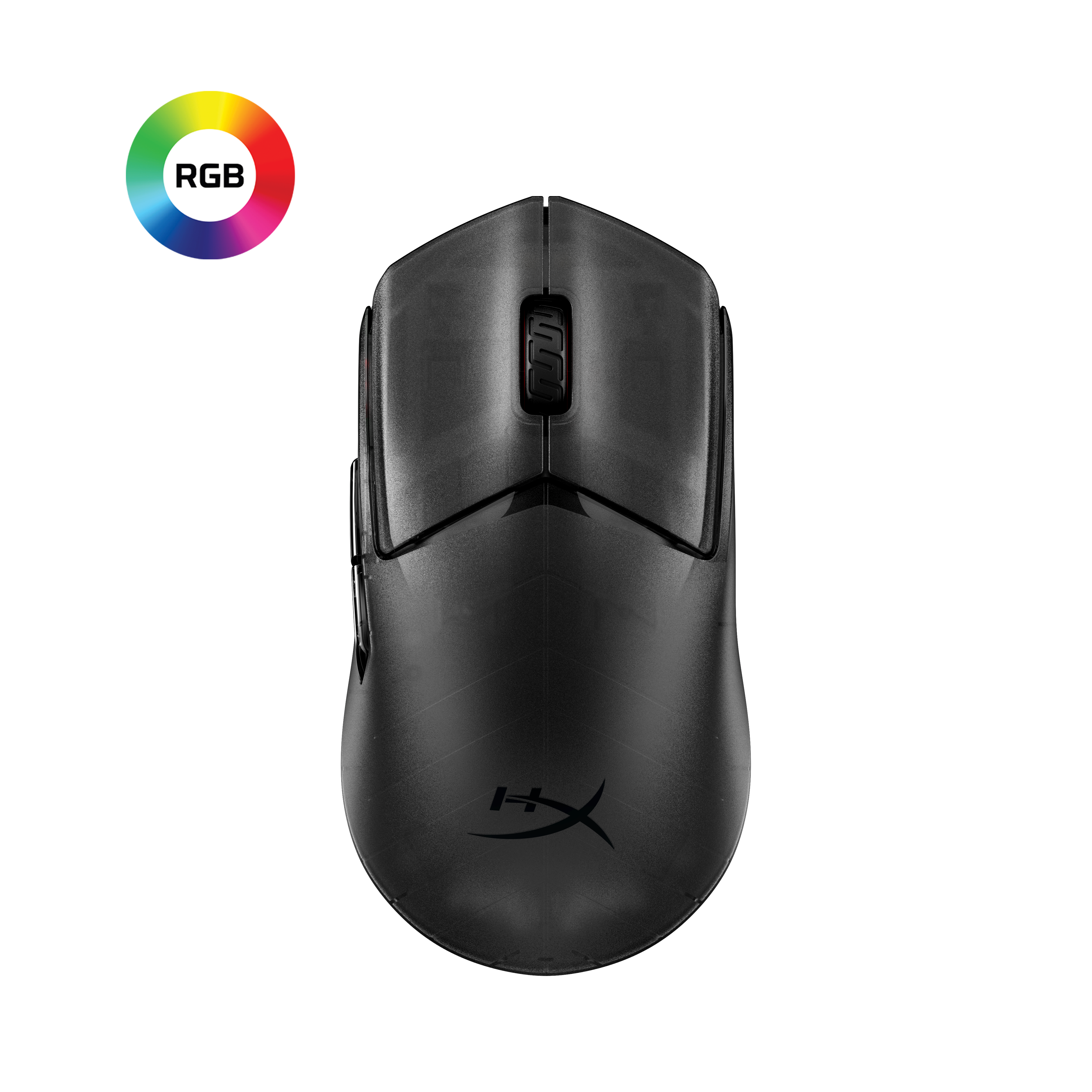 Eine schwarze kabellose Gaming-Maus mit RGB-Farbkreis und HyperX-Logo auf schwarzem Hintergrund.