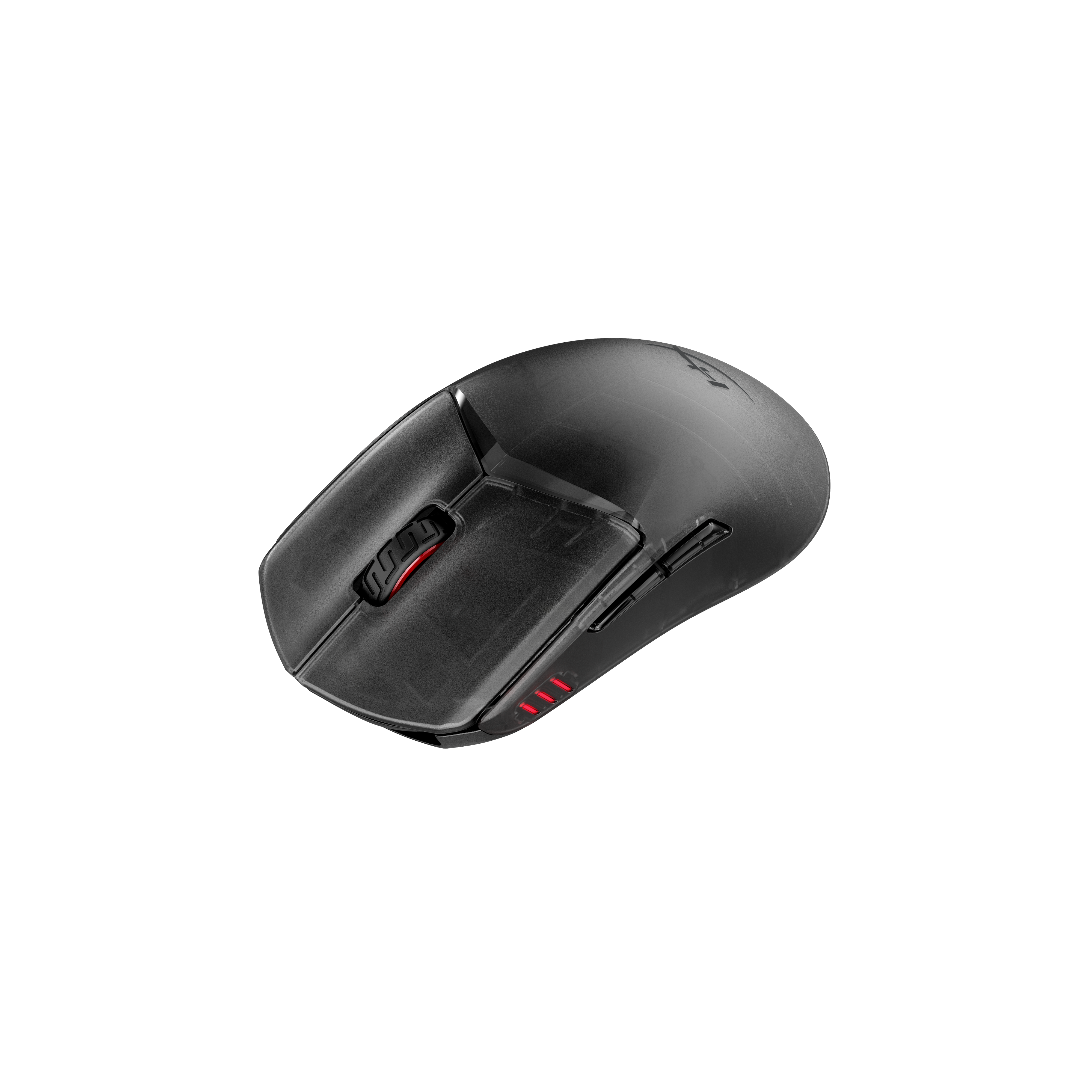 Eine schwarze kabellose Gaming-Maus mit roter Beleuchtung und transparentem Gehäuse vor schwarzem Hintergrund.