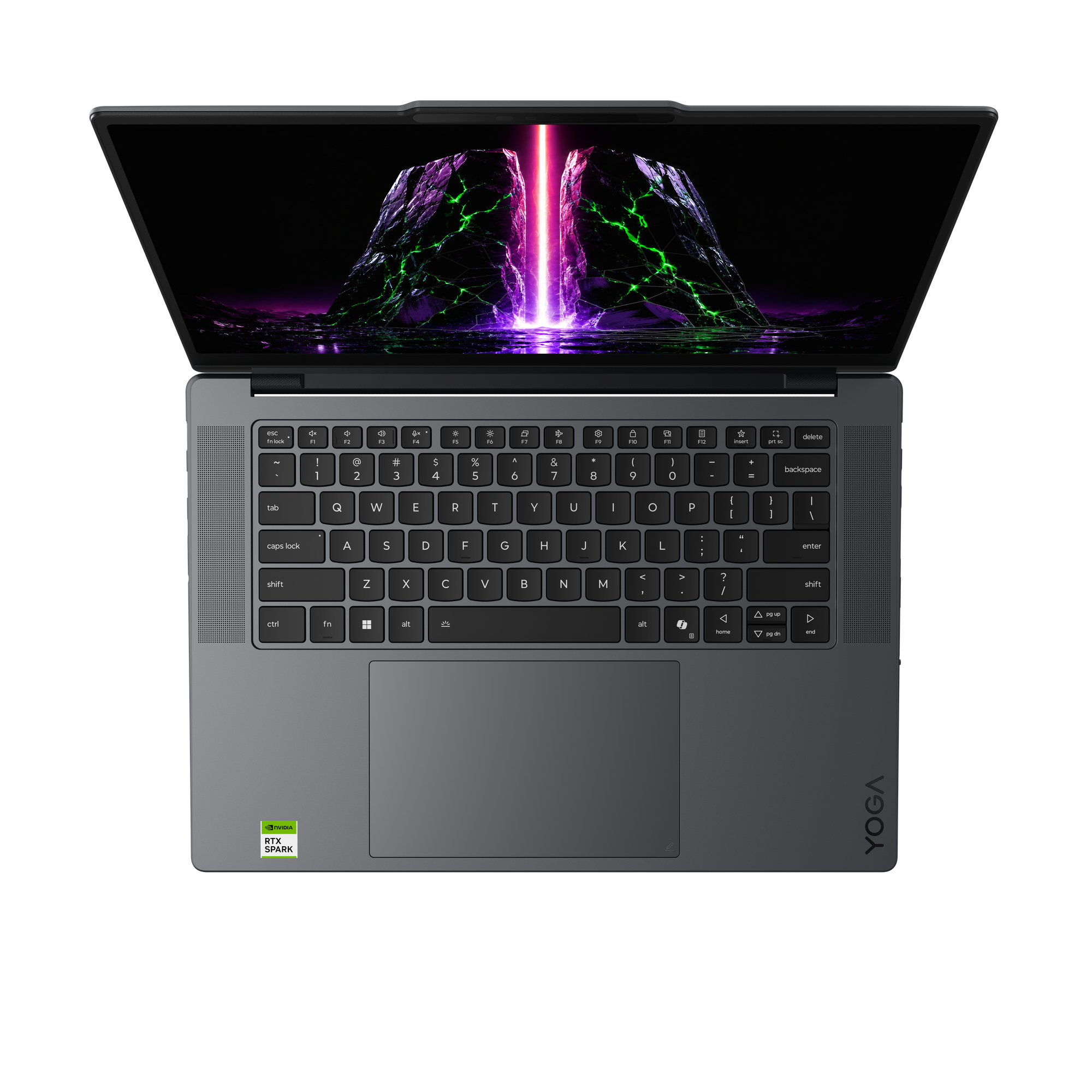Grauer Laptop von oben mit beleuchtetem Bildschirm und Tastatur.