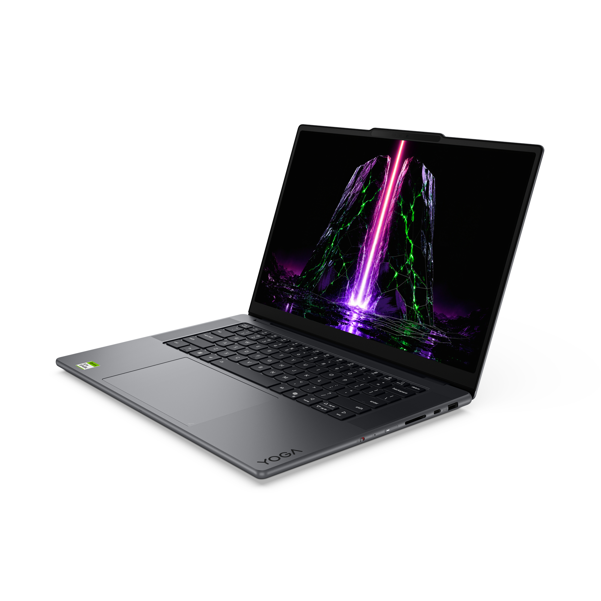Ein grauer Lenovo Yoga Laptop steht offen auf weißem Hintergrund mit einem bunten Hintergrundbild auf dem Bildschirm.