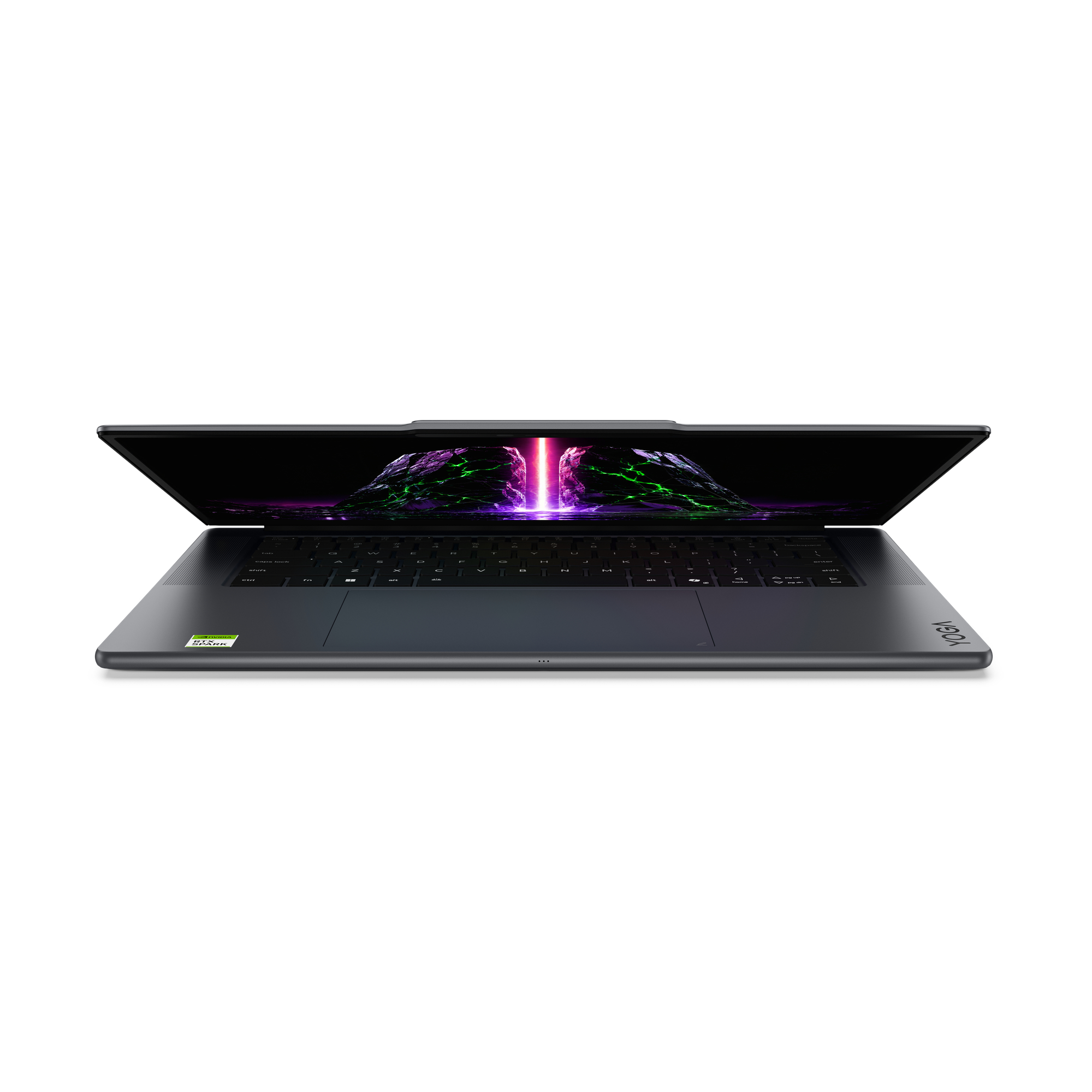 Ein geschlossener dunkelgrauer Laptop auf weißem Hintergrund mit leuchtendem Bildschirm.