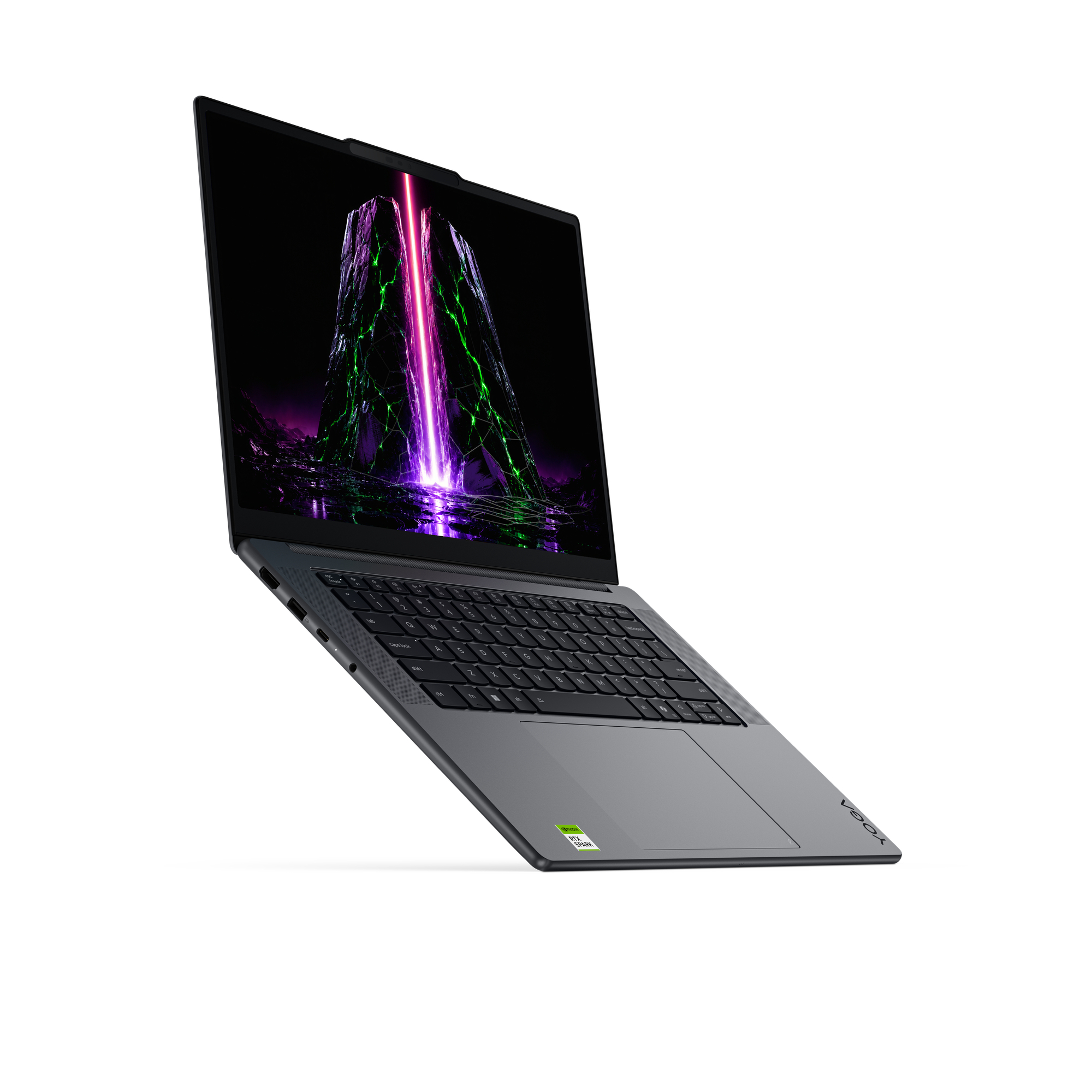 Ein grauer Laptop schwebt vor weißem Hintergrund mit leuchtendem Display.