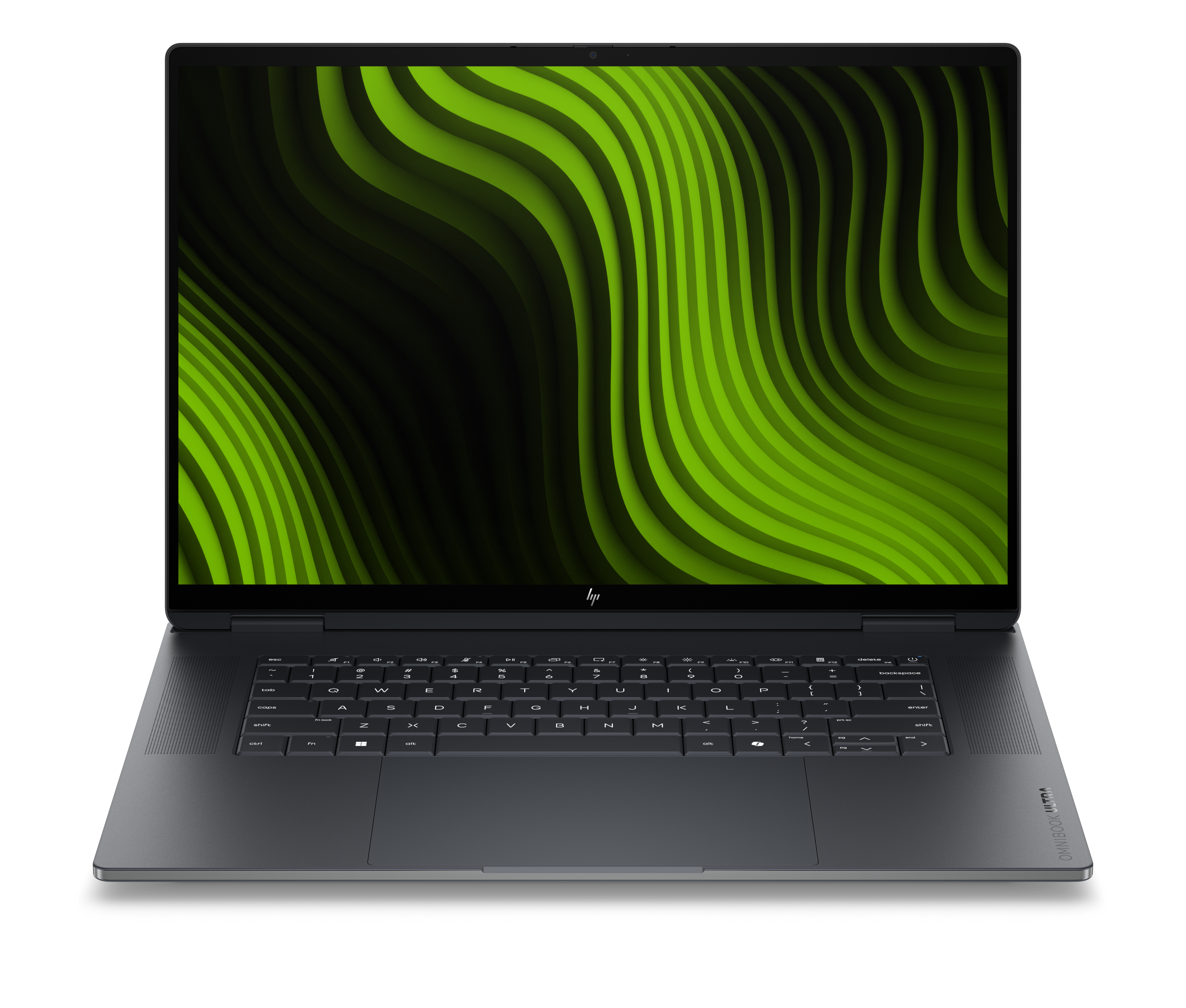 Ein schwarzer Laptop mit einem lebhaften, grünen, wellenförmigen Hintergrund auf dem Bildschirm, frontal auf schwarzem Grund.