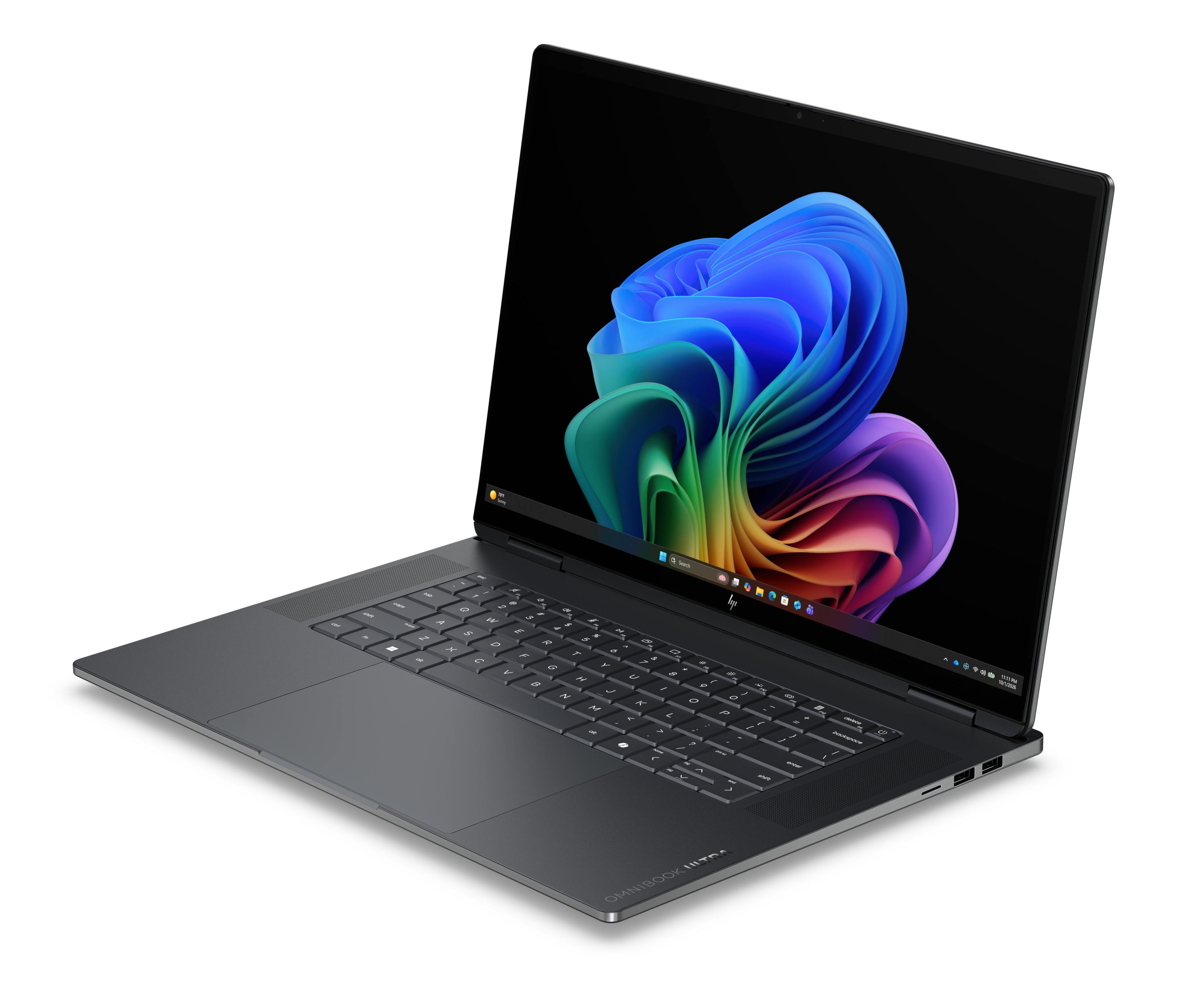 Ein schlanker dunkler Laptop auf schwarzem Hintergrund mit einem bunten abstrakten Windows-Hintergrundbild.