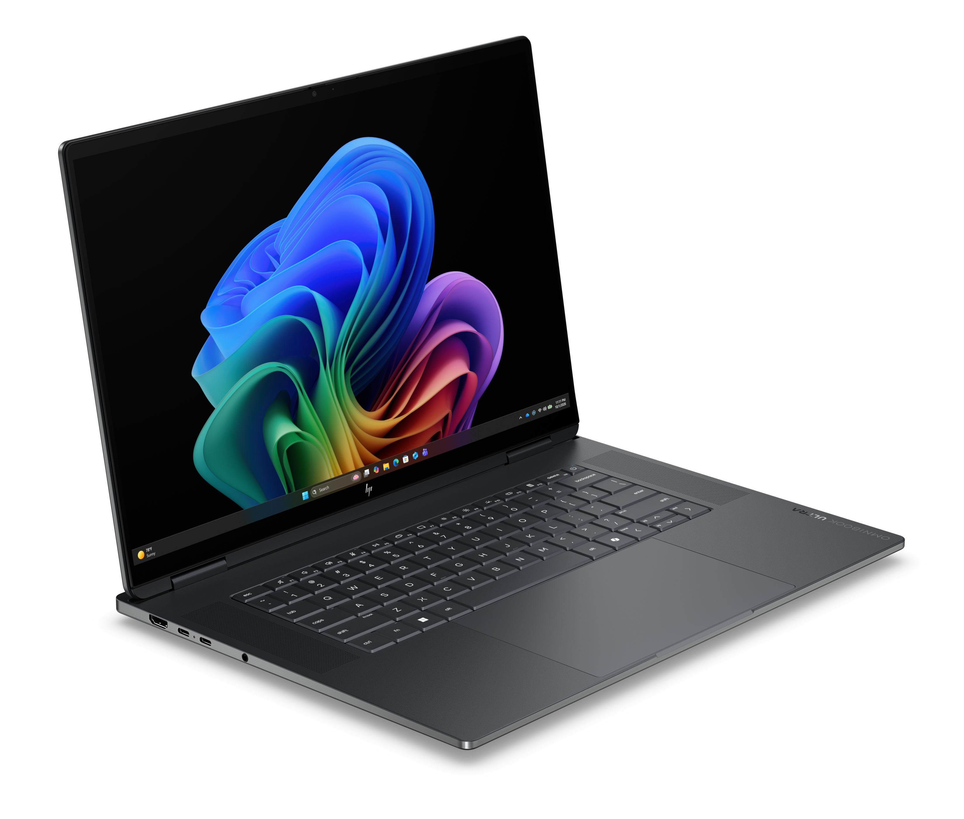Ein grauer Laptop auf schwarzem Hintergrund mit einem bunten, geschwungenen abstrakten Muster auf dem Bildschirm.