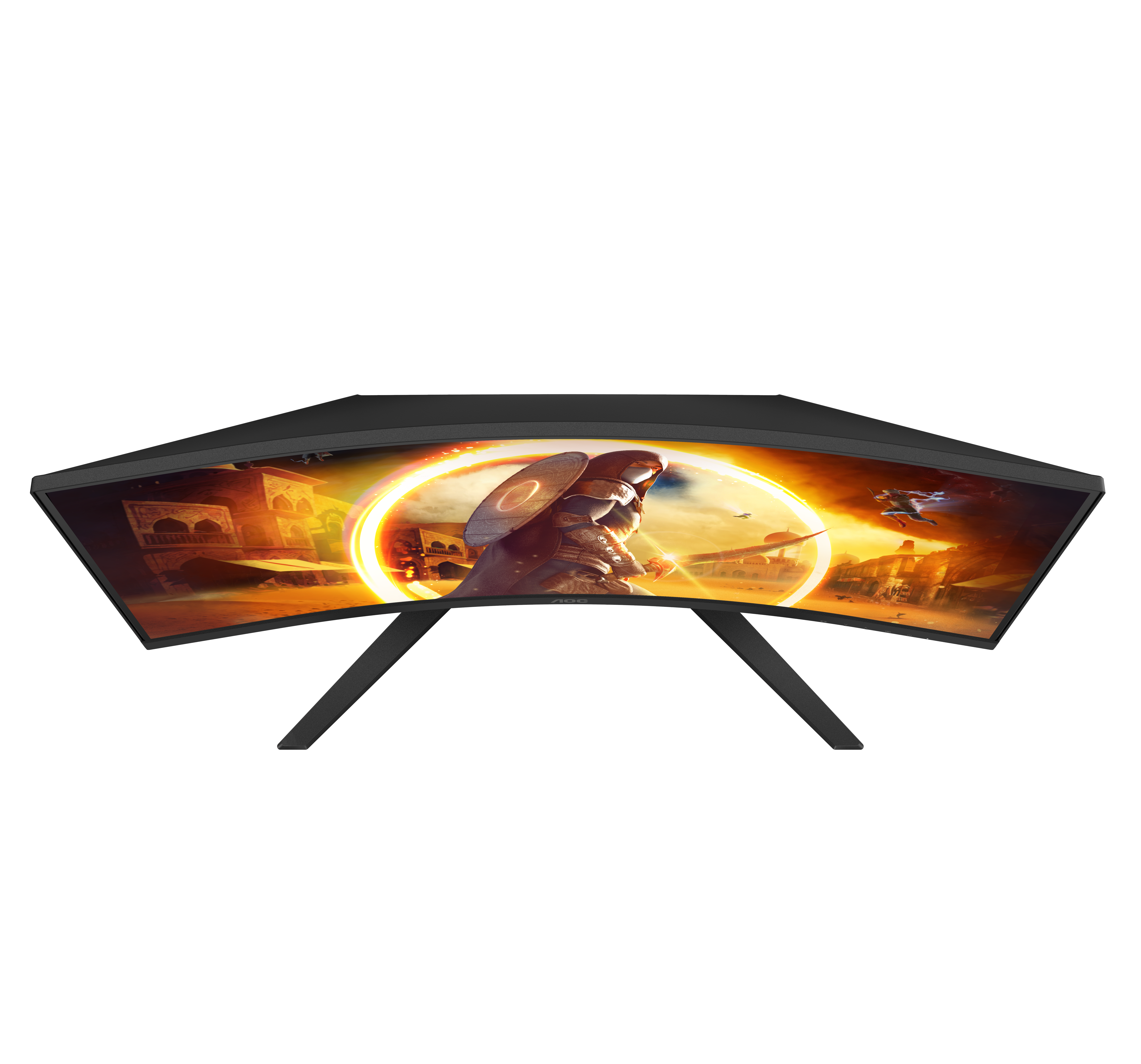 Ein gebogener schwarzer Gaming-Monitor auf schwarzem Hintergrund zeigt eine Fantasy-Szene mit einem Krieger.