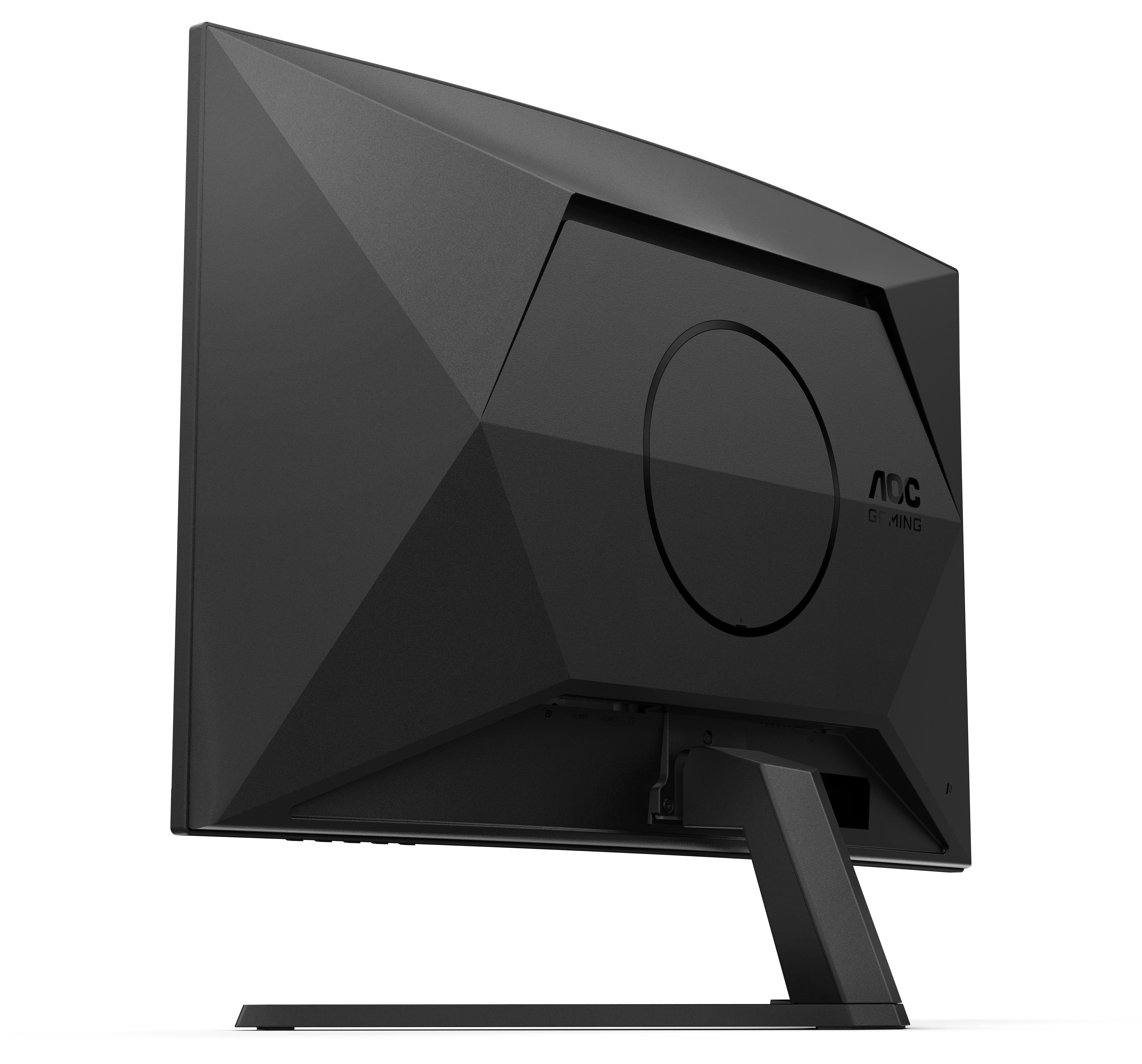 Rückseite eines schwarzen AOC Gaming-Monitors mit kantigem Design und Standfuß auf weißem Hintergrund.