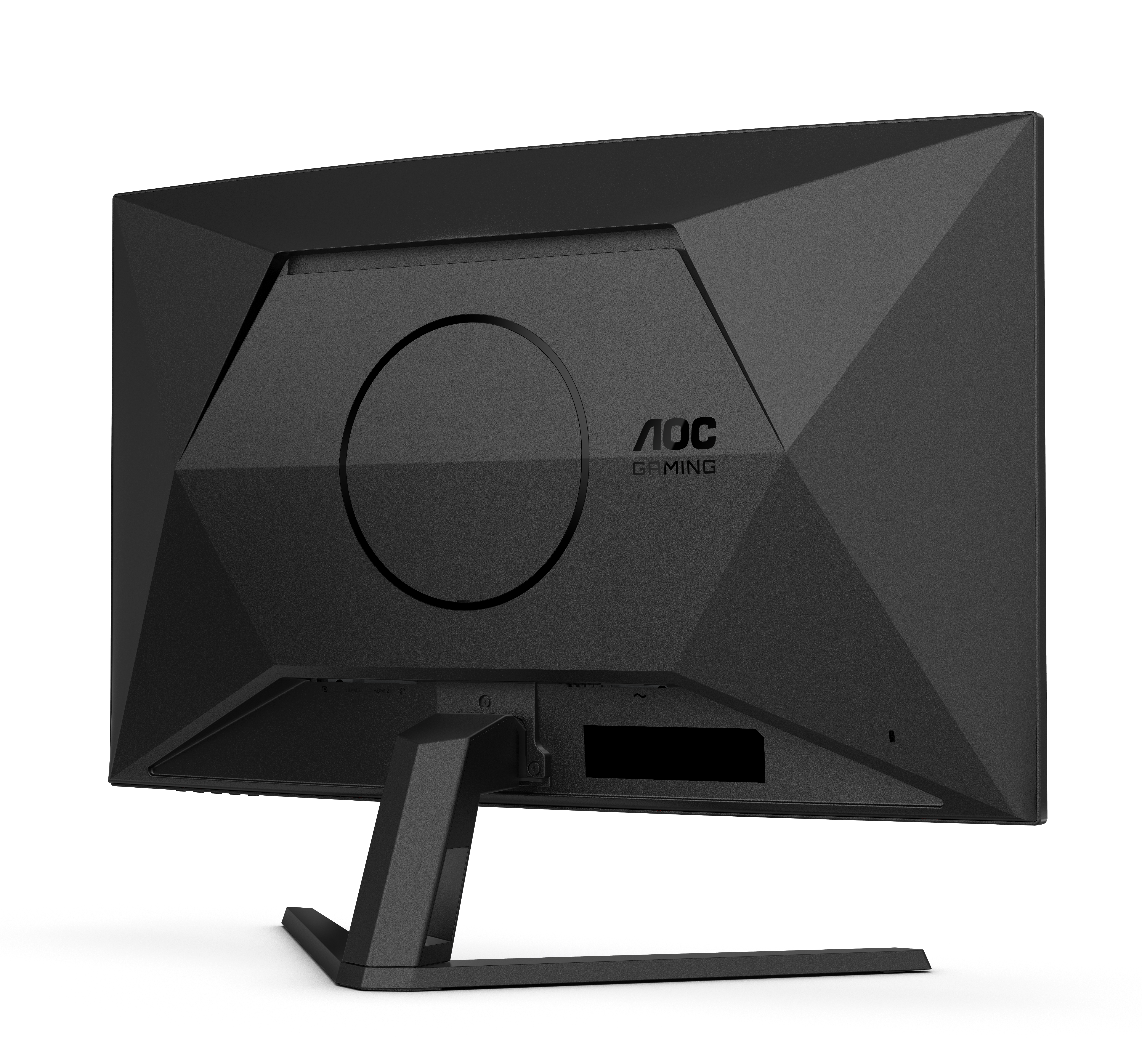 Die Rückseite eines schwarzen AOC Gaming-Monitors auf einem V-förmigen Ständer vor weißem Hintergrund.