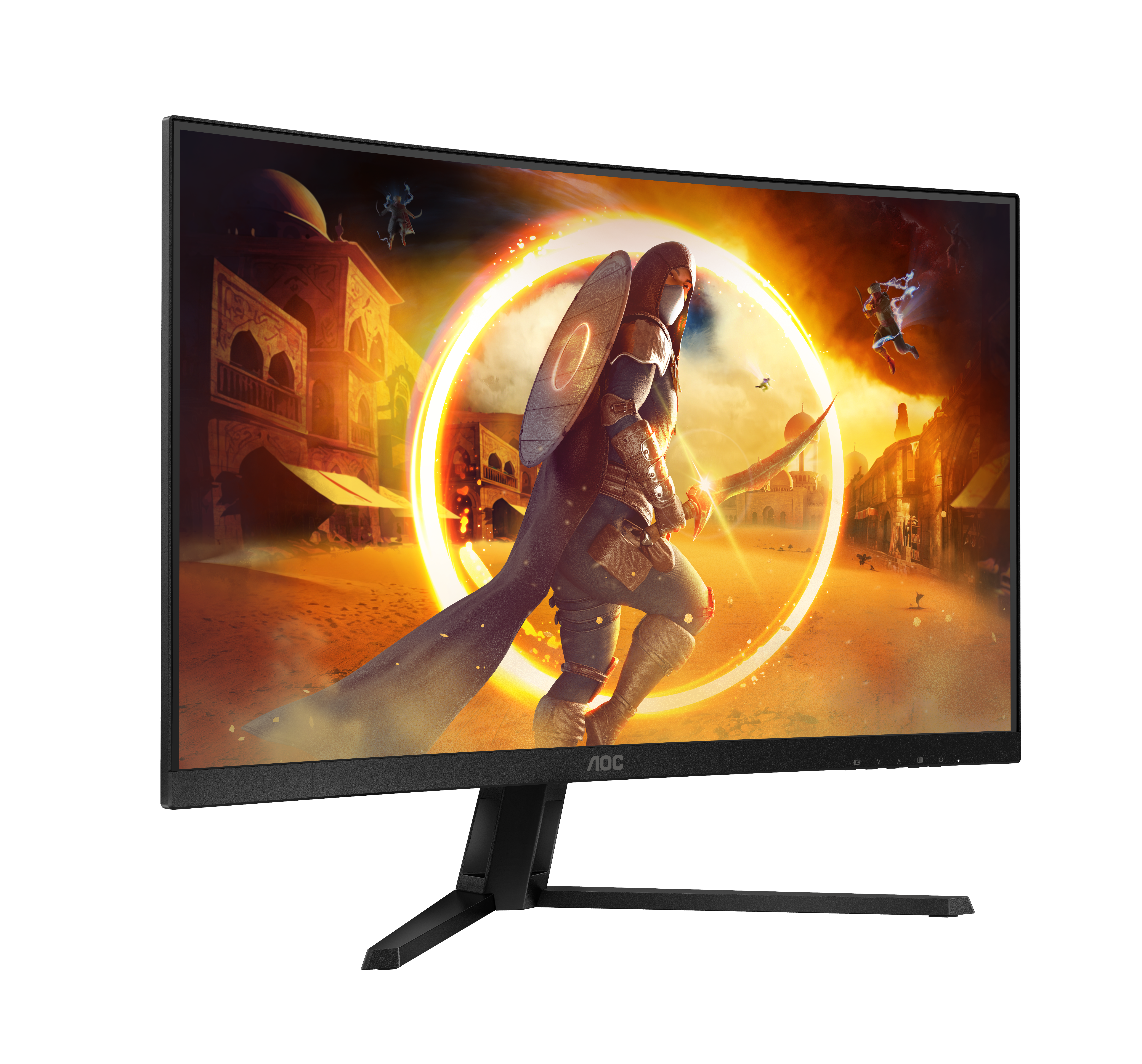 Ein gebogener AOC-Gaming-Monitor zeigt eine Wüsten-Fantasieszene mit einem Krieger in der Mitte.
