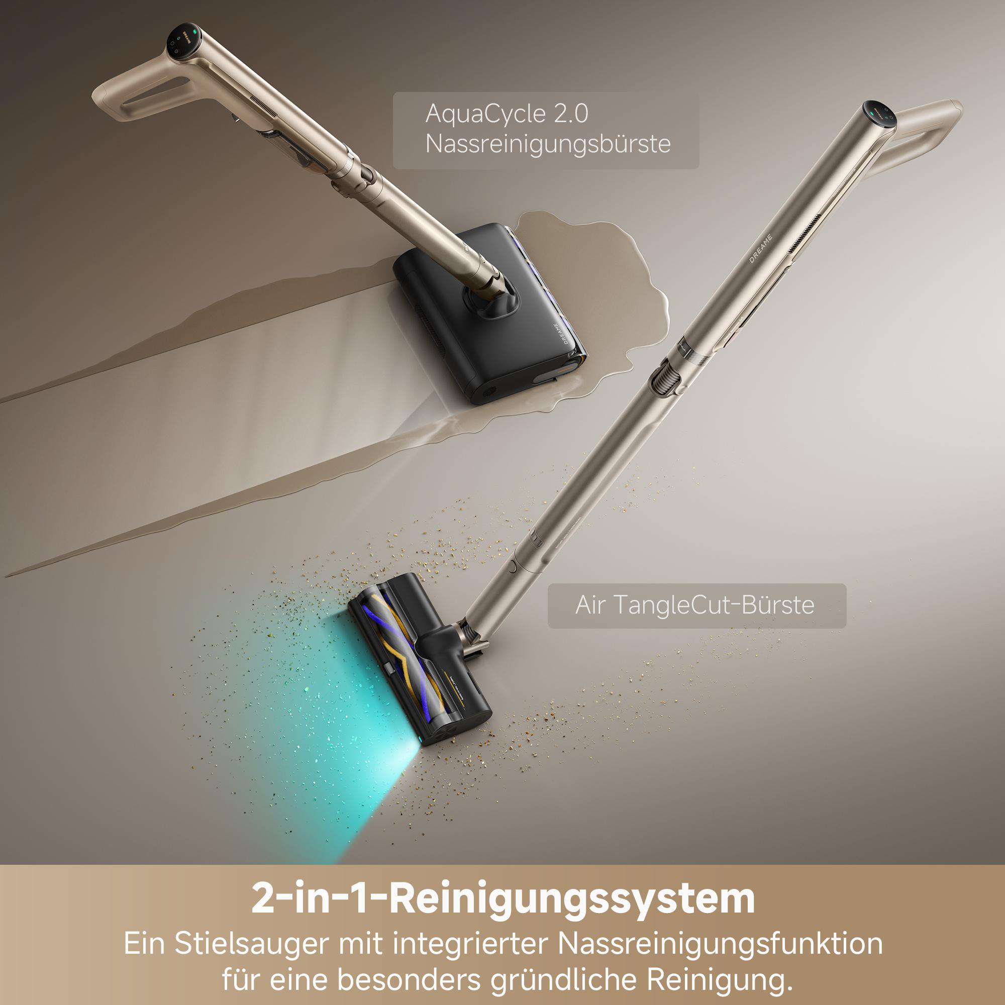 Goldener 2-in-1-Stielsauger mit Nassreinigungsbürste und Air TangleCut-Bürste auf beigem Untergrund.