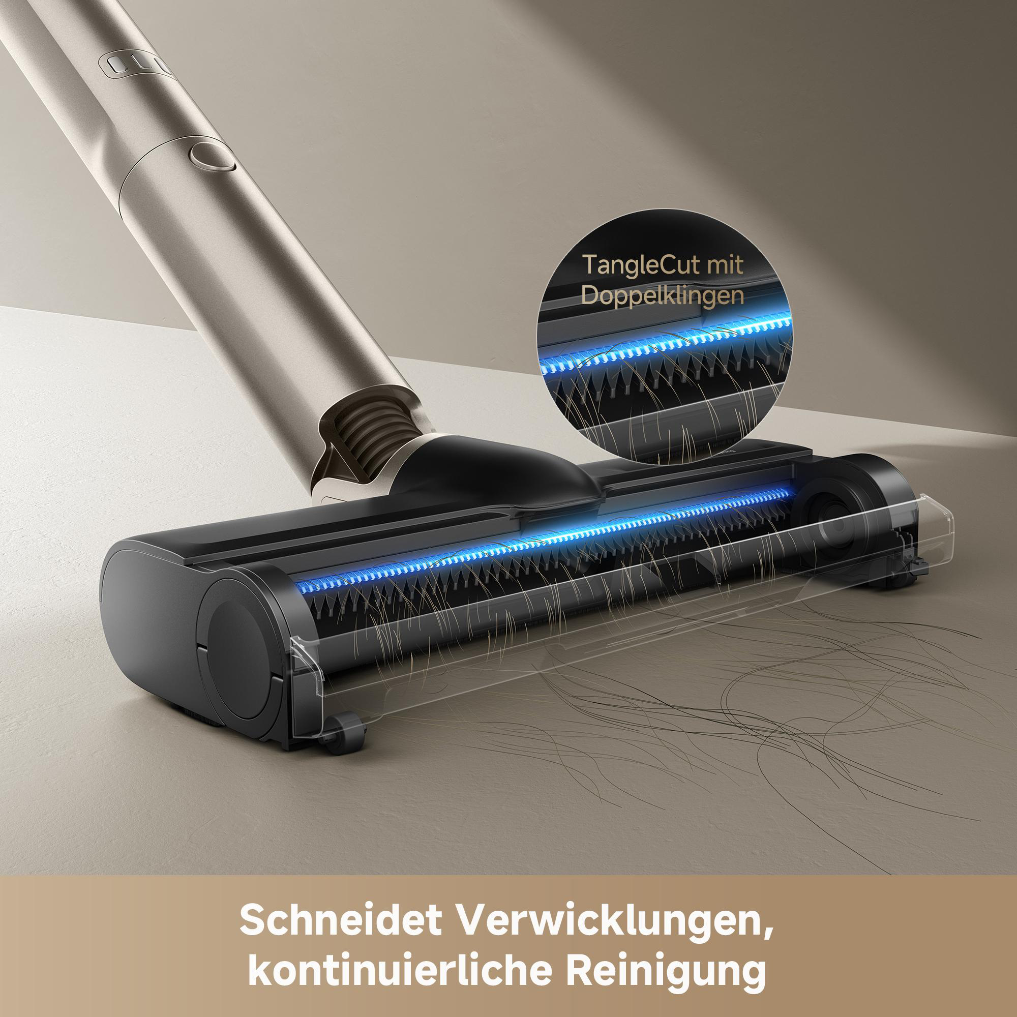 Staubsaugerbürste mit blauer Beleuchtung und integrierter Klinge entfernt Haare.