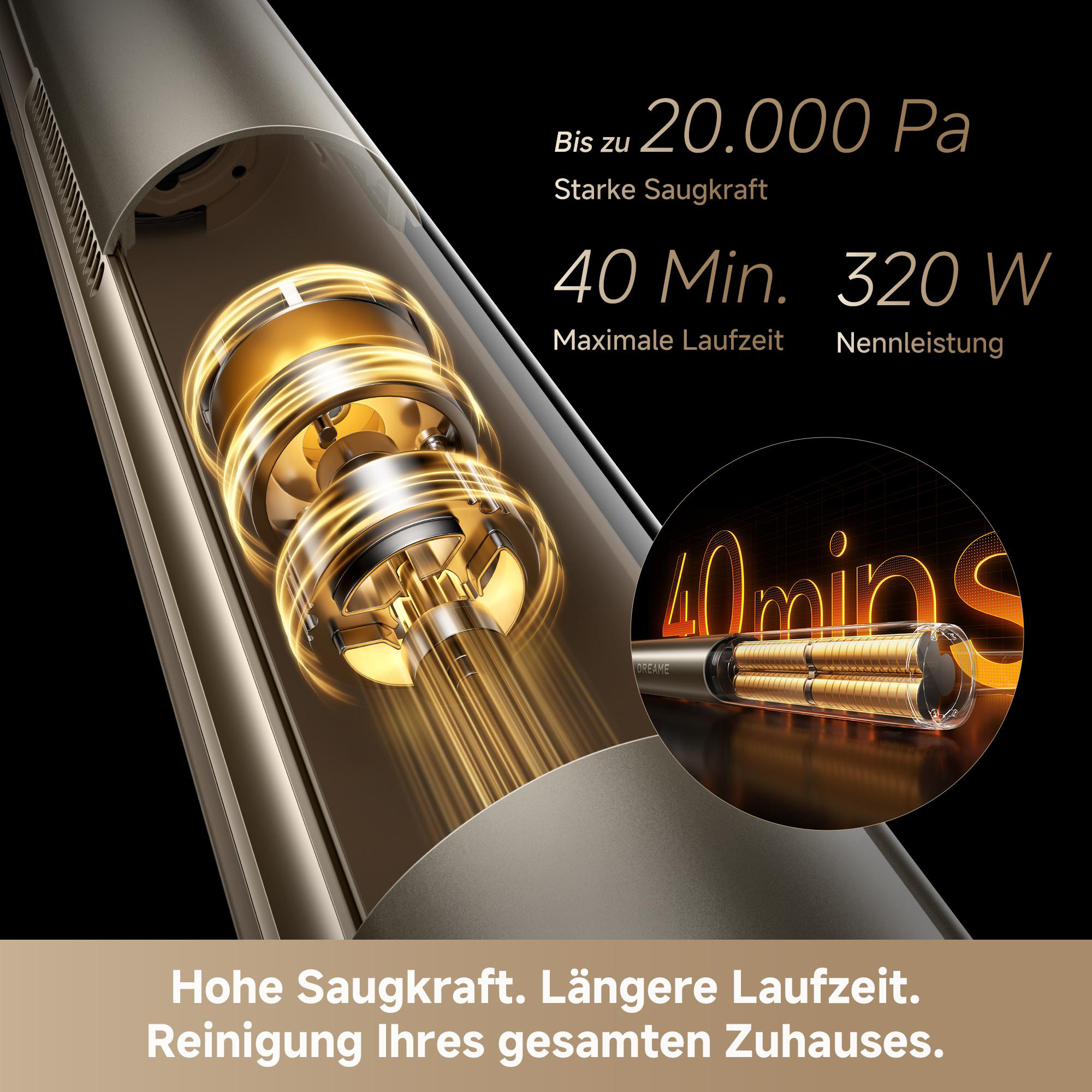 Diagramm zeigt die Saugleistung, Laufzeit und den Motor eines Staubsaugers mit goldenen Lichteffekten.