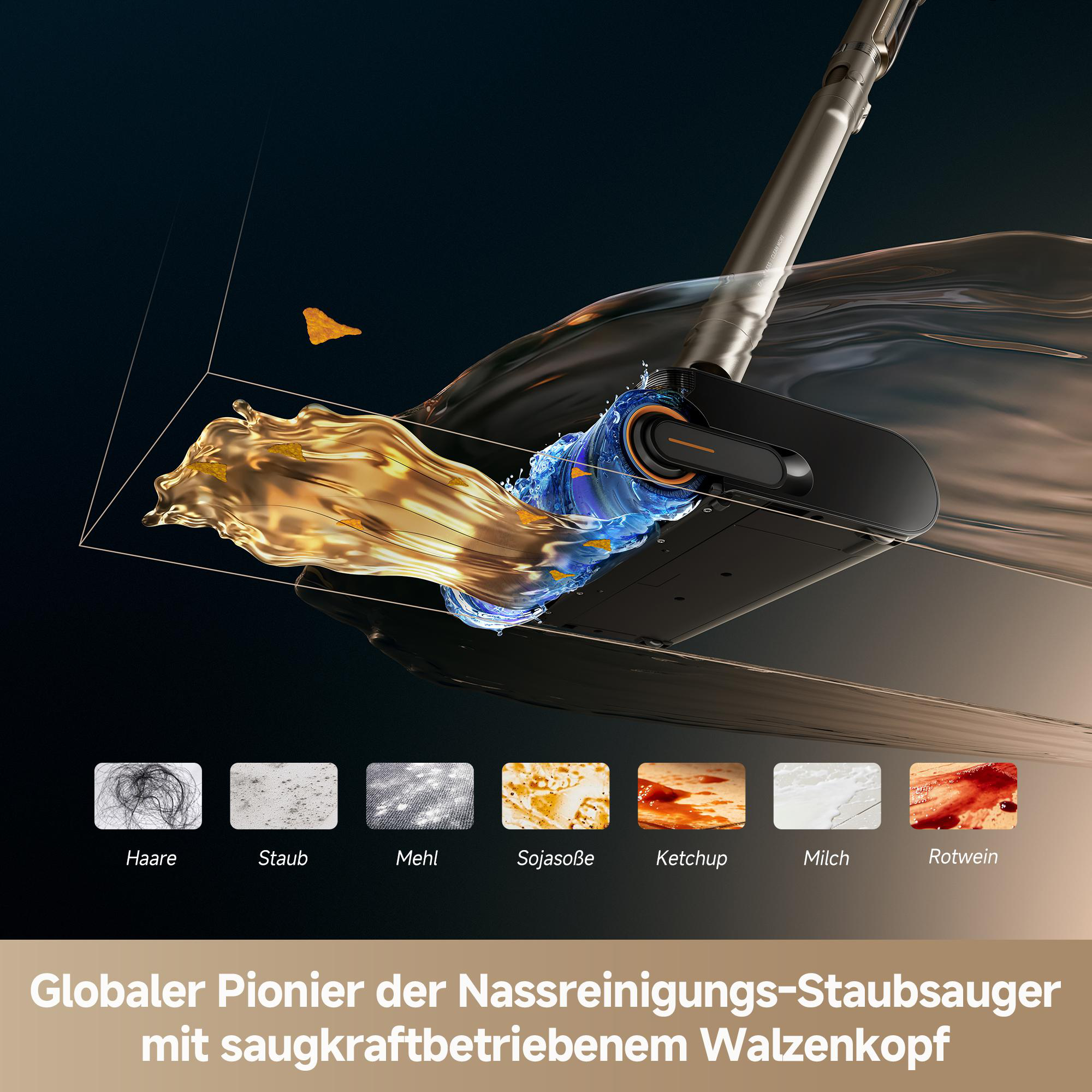 Ein Nass- und Trockensauger reinigt Verschmutzungen, mit Symbolen für Haare, Staub und Flüssigkeiten.