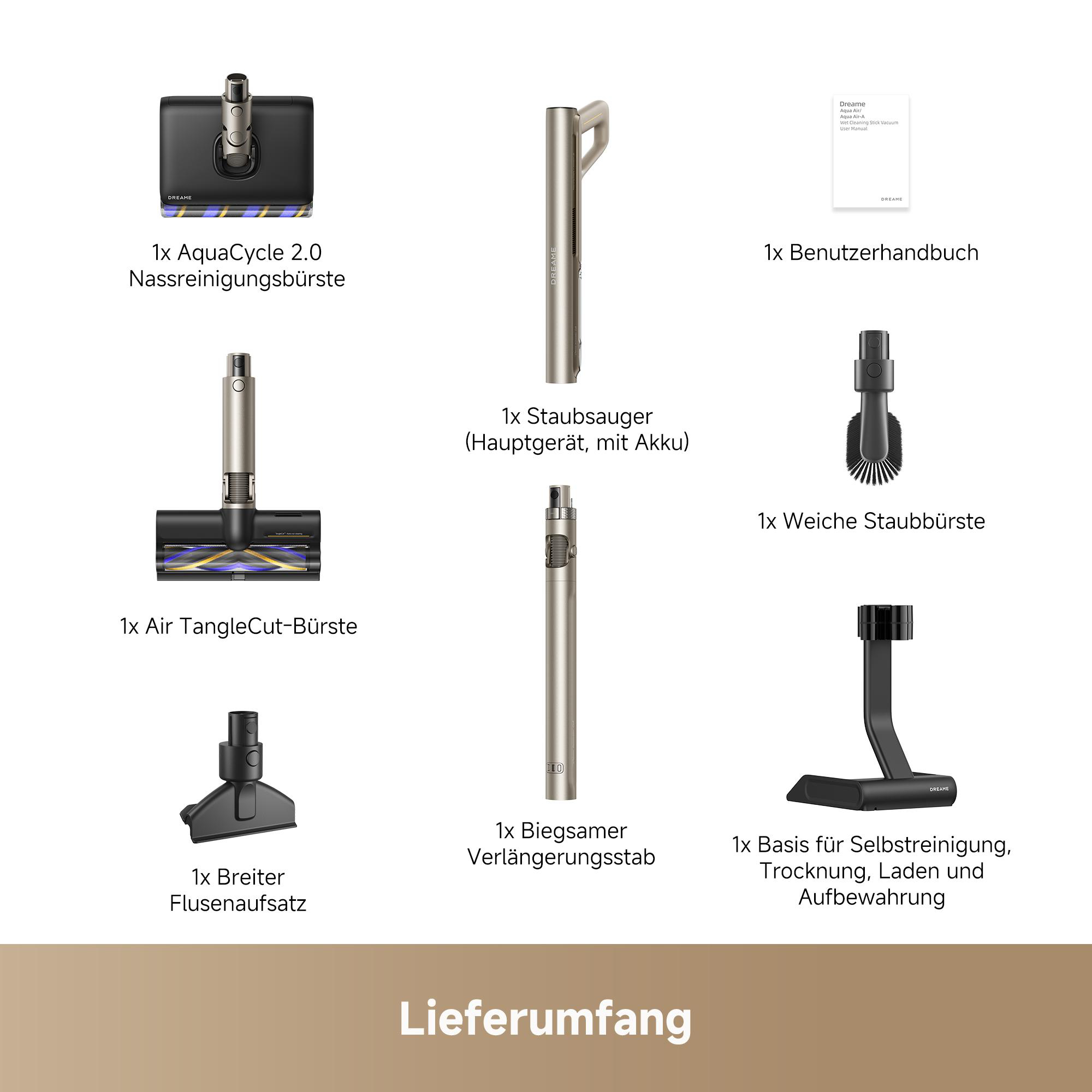 Lieferumfang eines kabellosen Staubsaugers mit verschiedenen Bürsten, Verlängerungsstab und Basisstation auf weißem Grund.