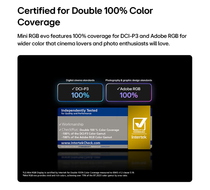 100% DCI-P3 ve Adobe RGB renk doğruluğu için ekran sertifikası.