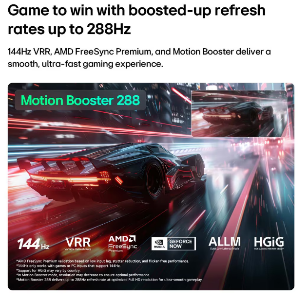 288Hz, Motion Booster ve yarış arabası grafikli oyun monitörü reklamı.