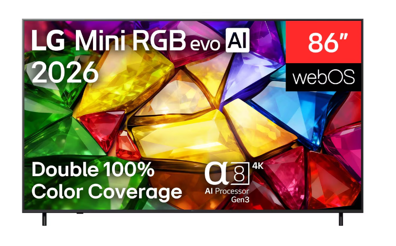 Renkli değerli taş arkaplanı ve yazıları olan 86 inç LG Mini RGB evo AI TV.