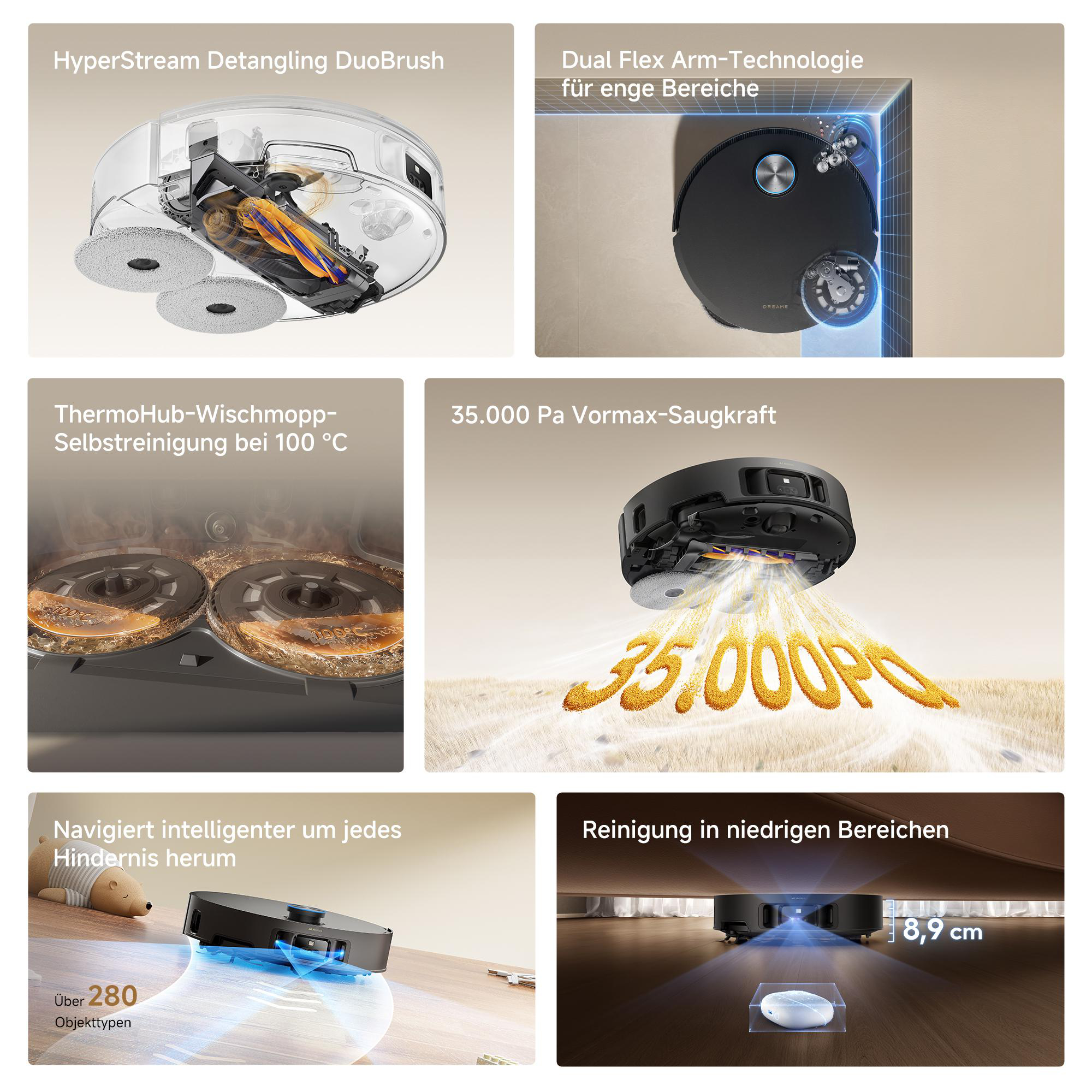 Sechs Bilder zeigen Features eines Saug- und Wischroboters wie Bürsten, Kantenreinigung, Hitze und Navigation.