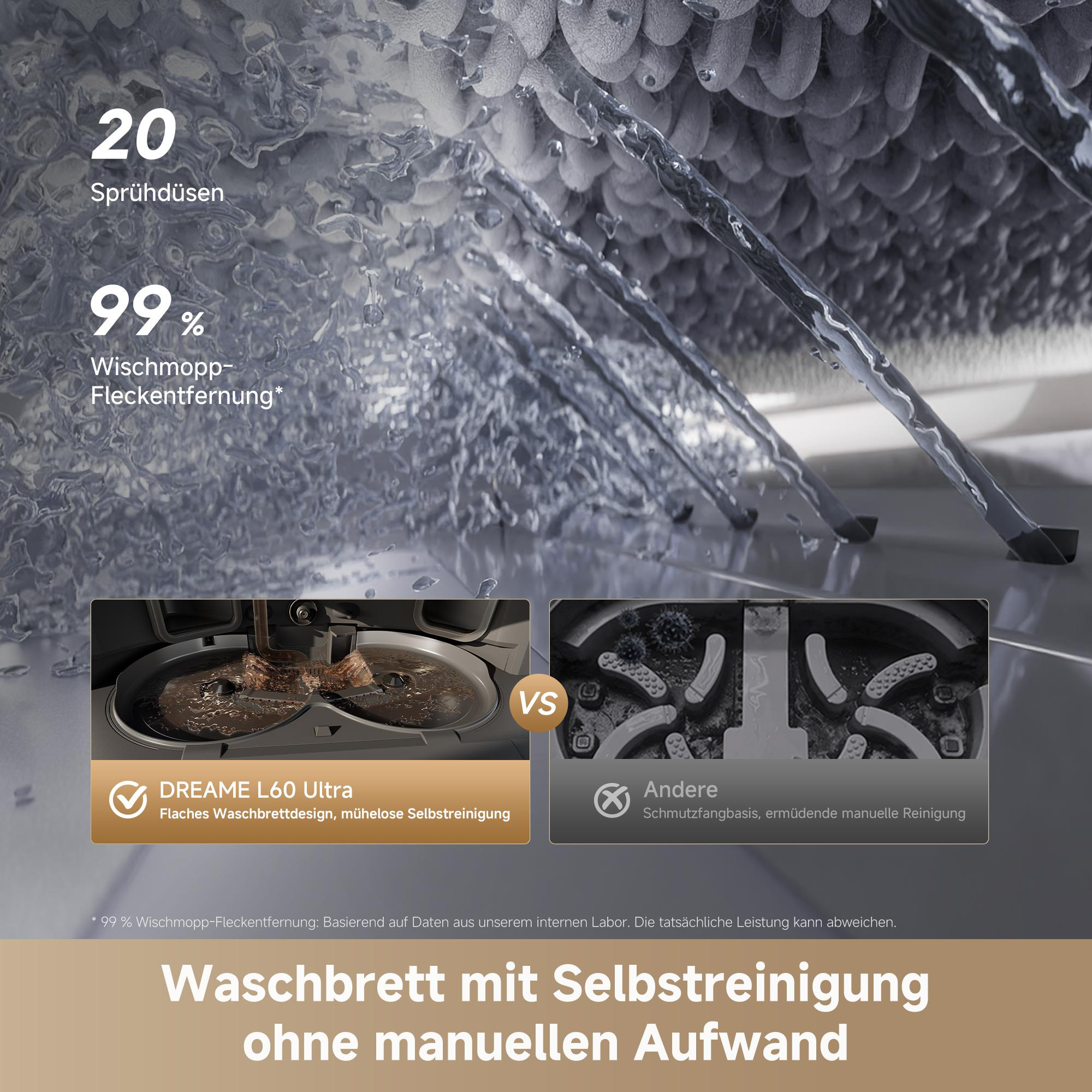 Wasserstrahlen reinigen einen Wischmopp, Vergleich zwischen Dreame L60 Ultra und einem anderen Gerät.