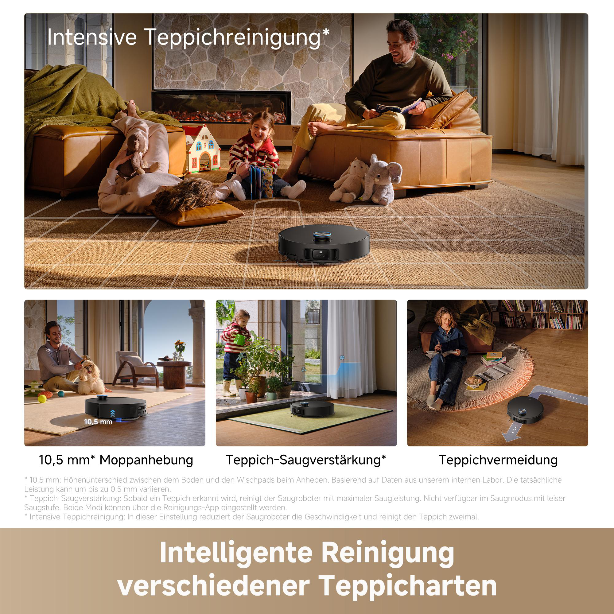 Ein Saugroboter reinigt Teppiche in einem Wohnzimmer, während eine Familie entspannt.