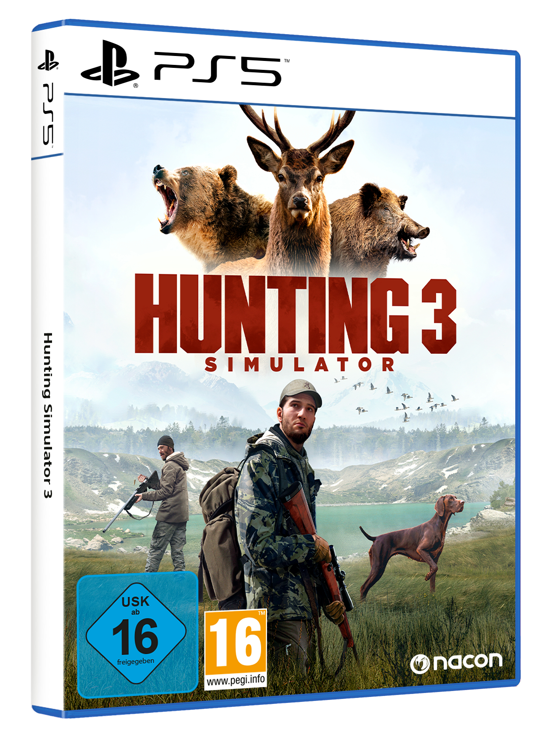 PS5 Spielhülle für Hunting Simulator 3 mit Jägern, Jagdhund und Wildtieren in einer Berglandschaft.