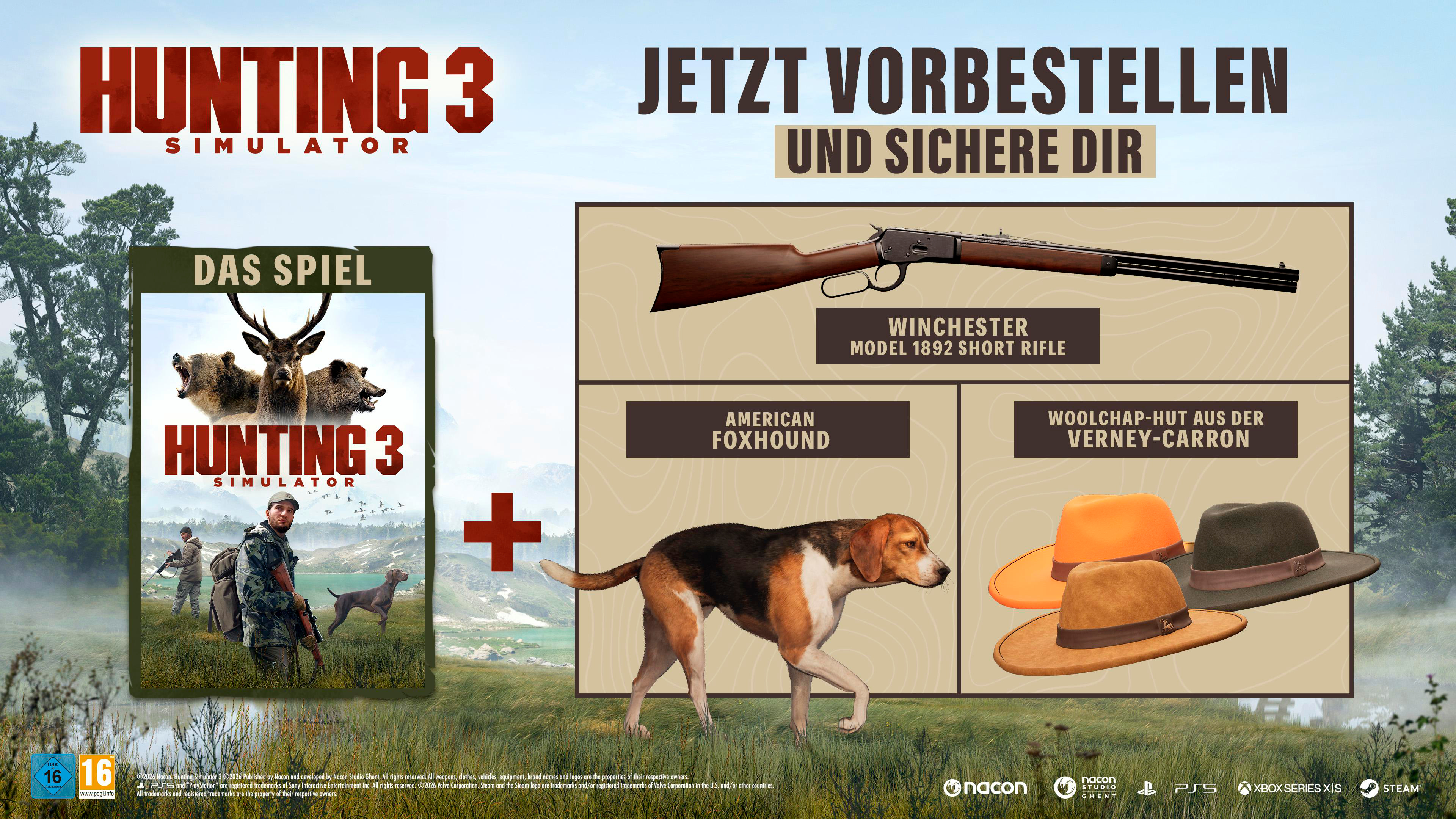 Hunting Simulator 3 Vorbestellung mit Winchester, Foxhound und Hütten in einer Berglandschaft.
