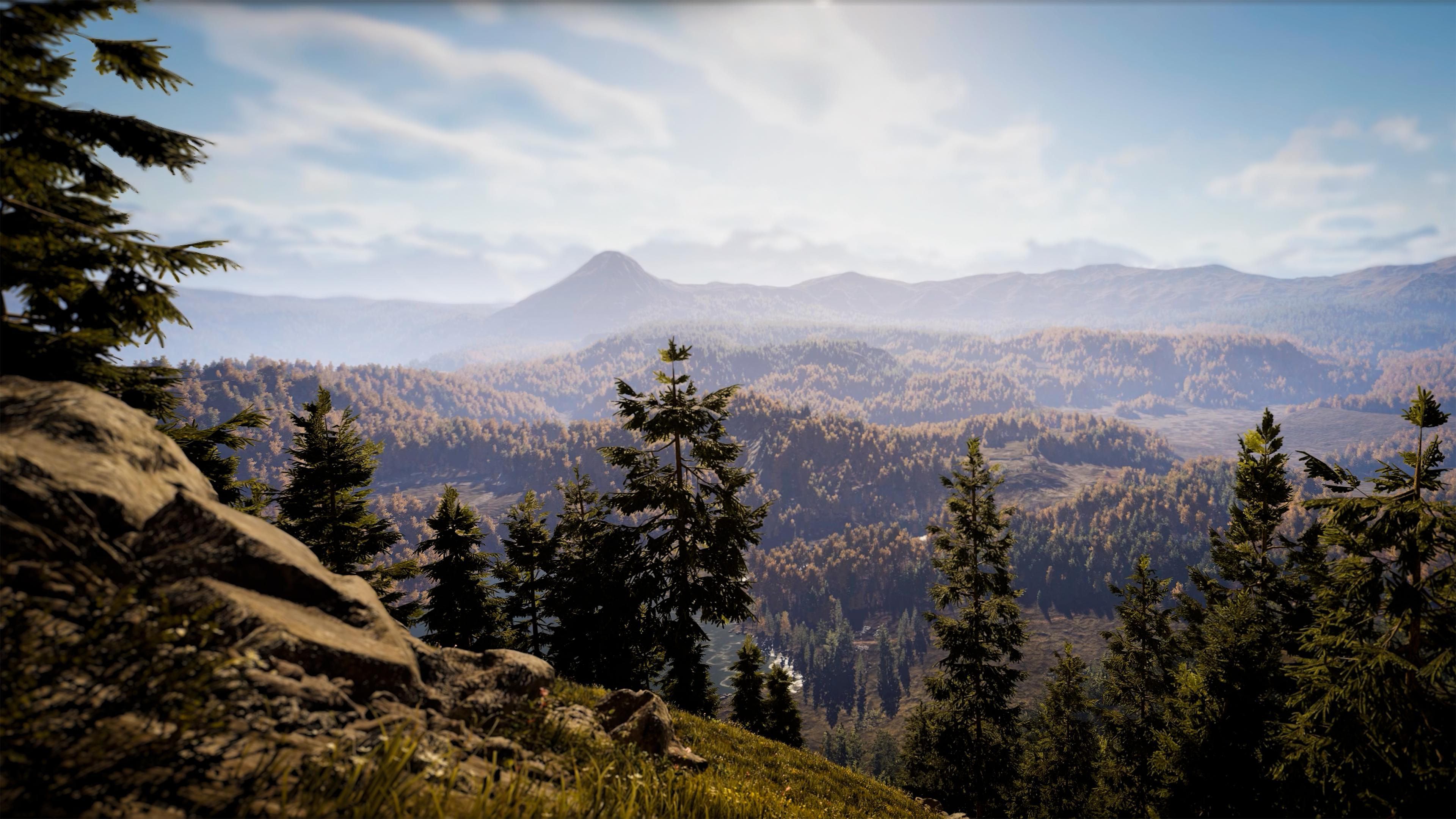 Wunderschöne Berglandschaft mit grünen Kiefern im Vordergrund und Bergen im Hintergrund unter hellem Himmel.