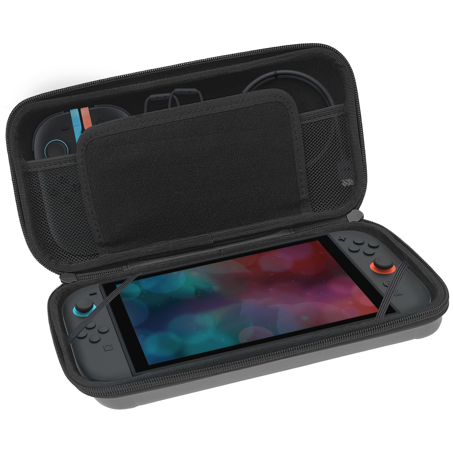 Black zippered gaming console case containing a game console and accessories inside.