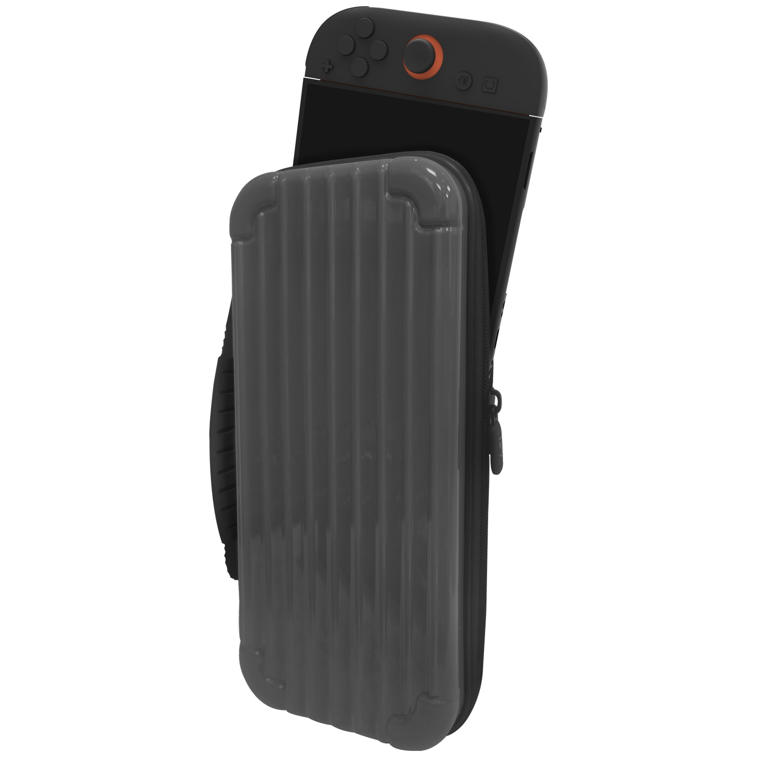 A black gaming console partially emerges from a hard, grey suitcase-style case with a ribbed design.