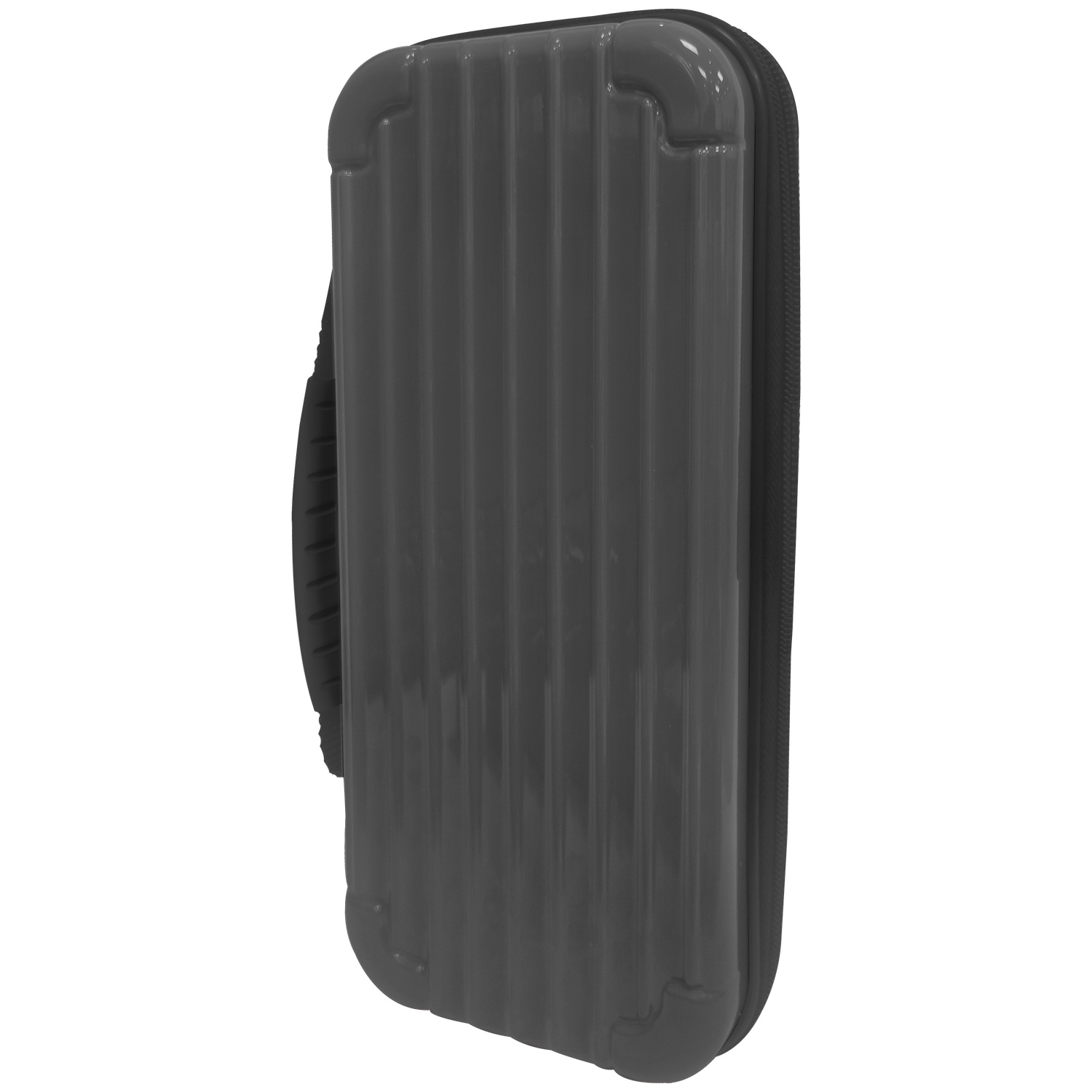A gray hard-shell protective case with vertical ridges and a zipper.