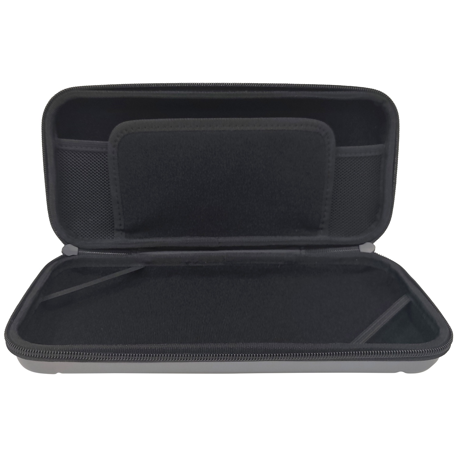 Open black storage case with mesh pockets and a soft divider inside.