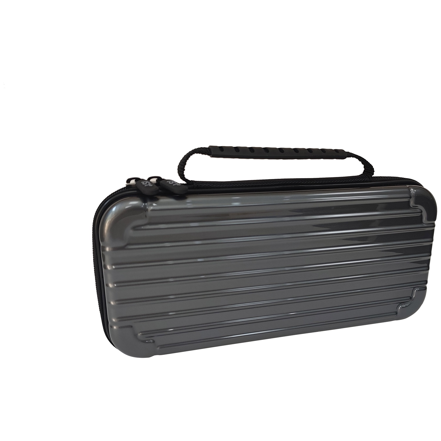 A grey, ribbed hardshell travel case with a zipper and black carry handle against a white background.