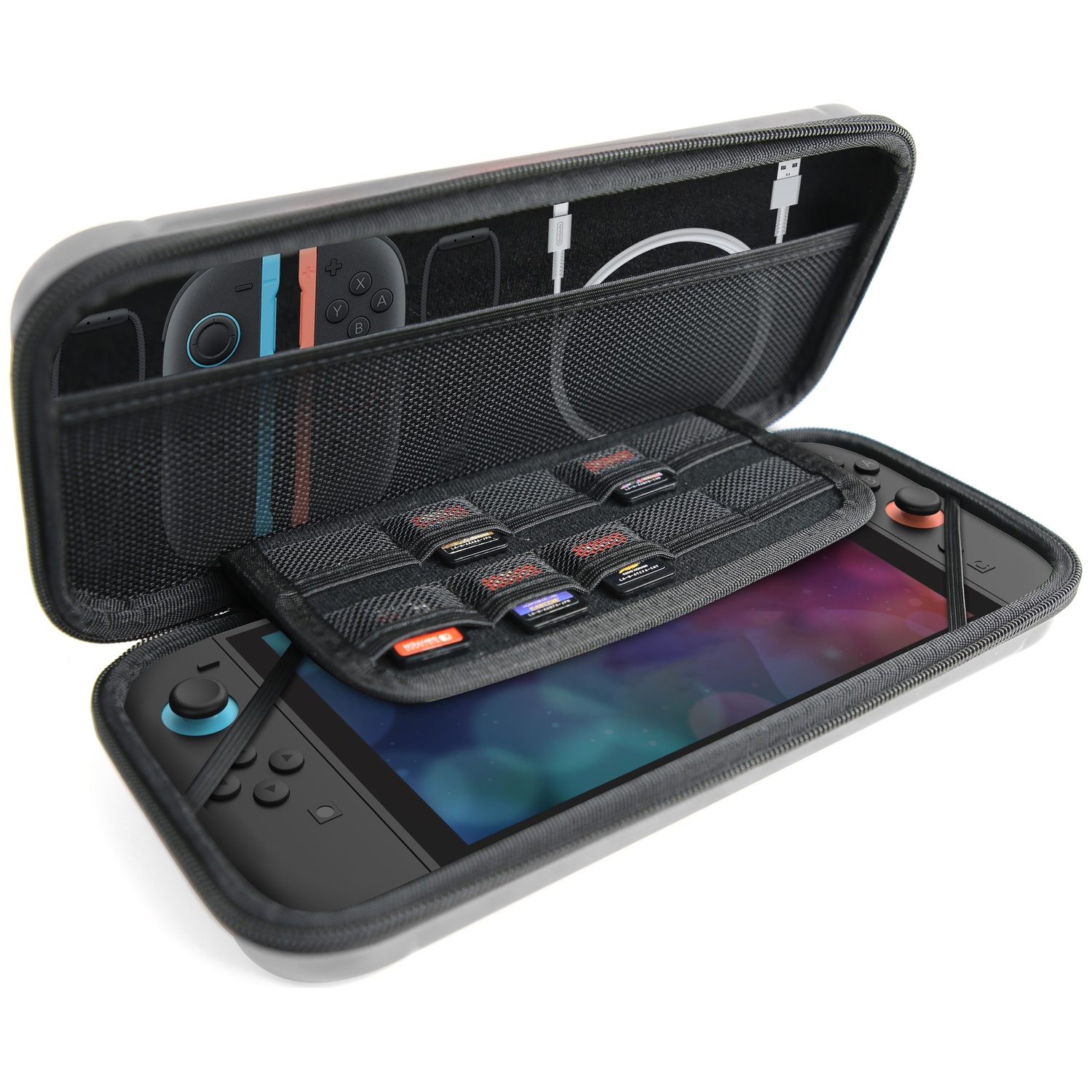 A gray Nintendo Switch carrying case holding a console, joy-cons, and small game card slots.