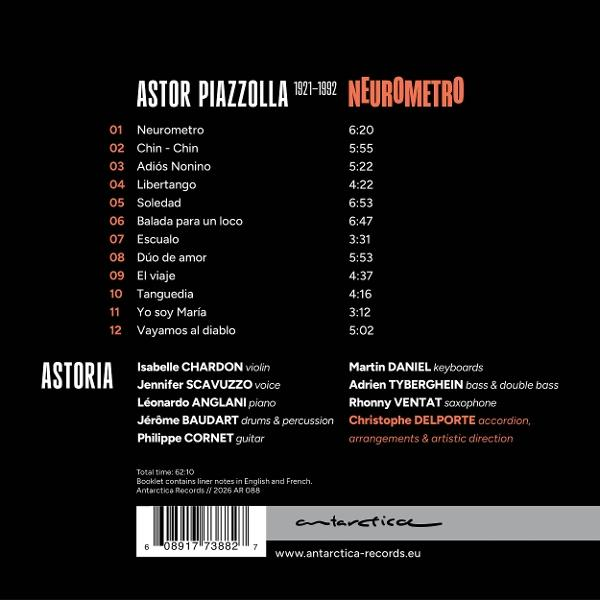 Rückseite einer CD von Astor Piazzolla mit Titelliste und Mitwirkenden auf schwarzem Hintergrund.