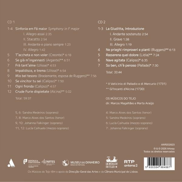 Rückseite einer CD-Hülle mit braunem Hintergrund, Tracklisten für CD 1 und CD 2 sowie Künstlerinformationen.