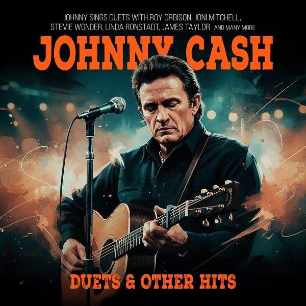 Illustration von Johnny Cash, der mit einer Gitarre vor einem Mikrofon singt, vor orange-schwarzem Hintergrund.